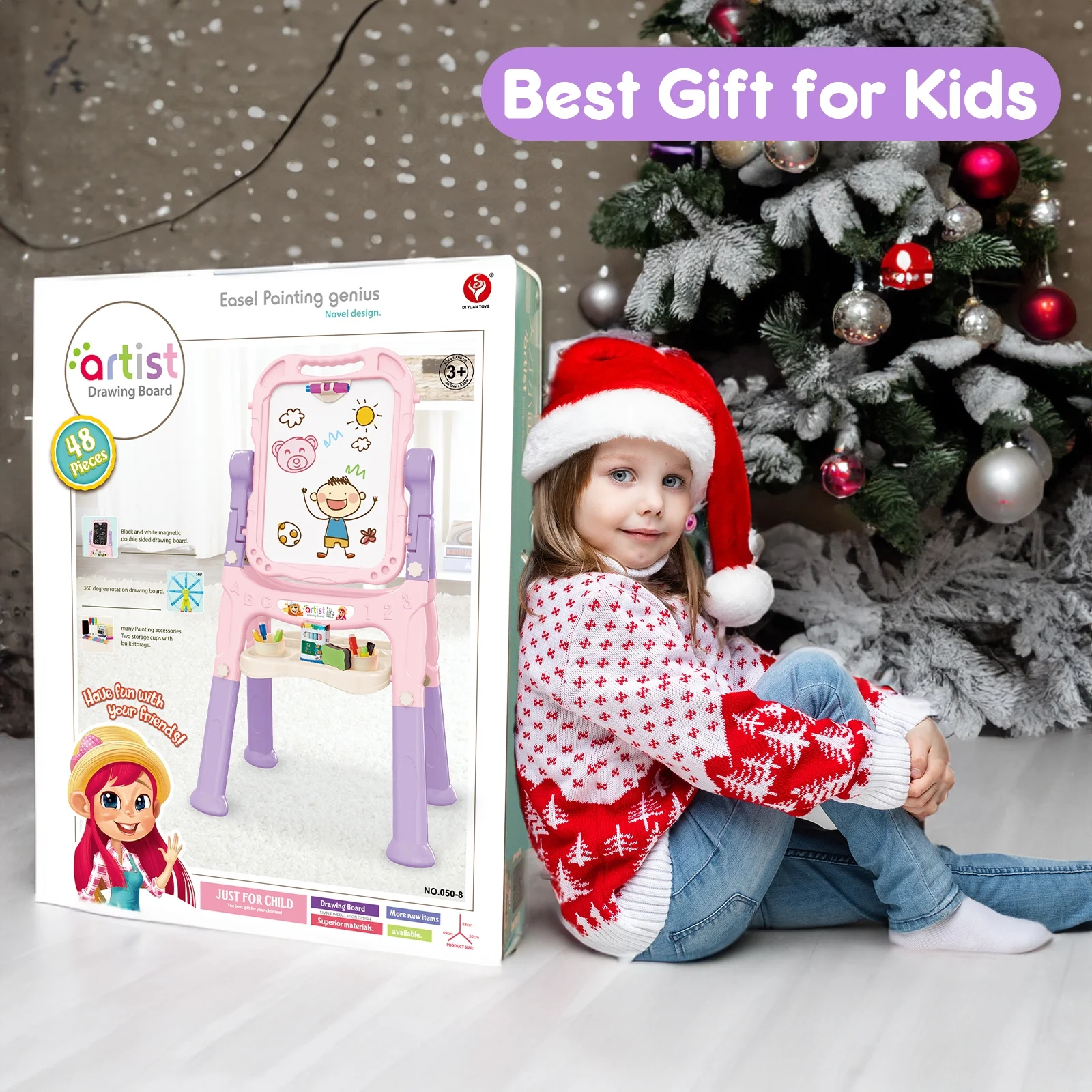 Beefunni Art Easel for Kids 3+, 4 in1 Double-Sided Easel for Toddlers, Large Magnetic Board, Portable Drawing White Board & Chalkboard, Birthday Gifts for Girls 3 4 5 6 - Image 7