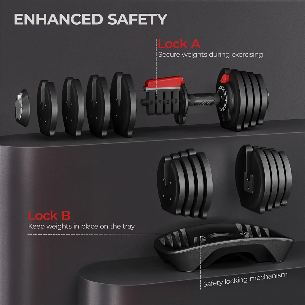 Renwick 3-40Lbs Quick Adjust Dumbbell Set for Home Gym, Set of 2, Black/Red - Image 4