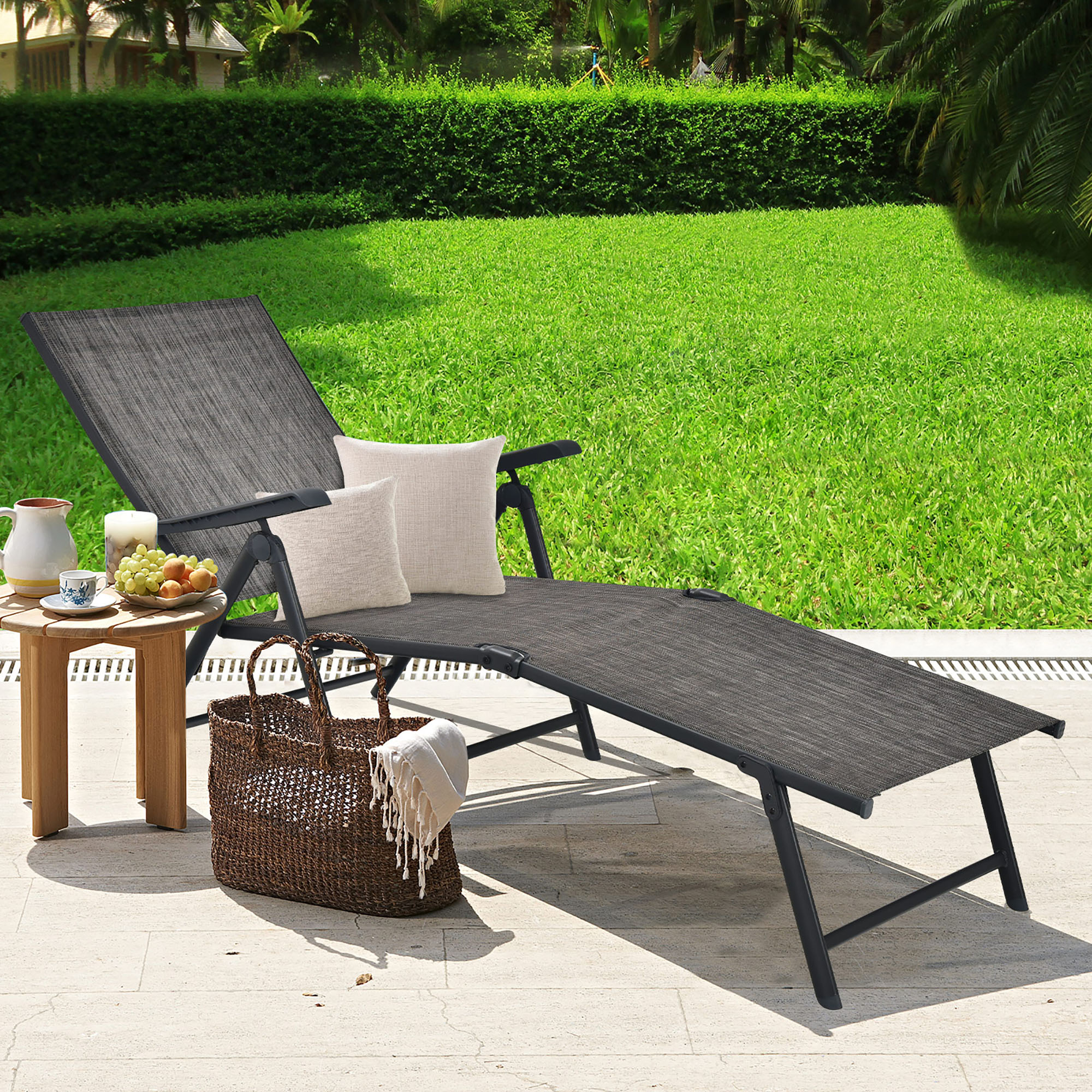 Gymax Outdoor Adjustable Chaise Lounge Chair Patio Beach Folding Recliner Lounge Grey - Image 2