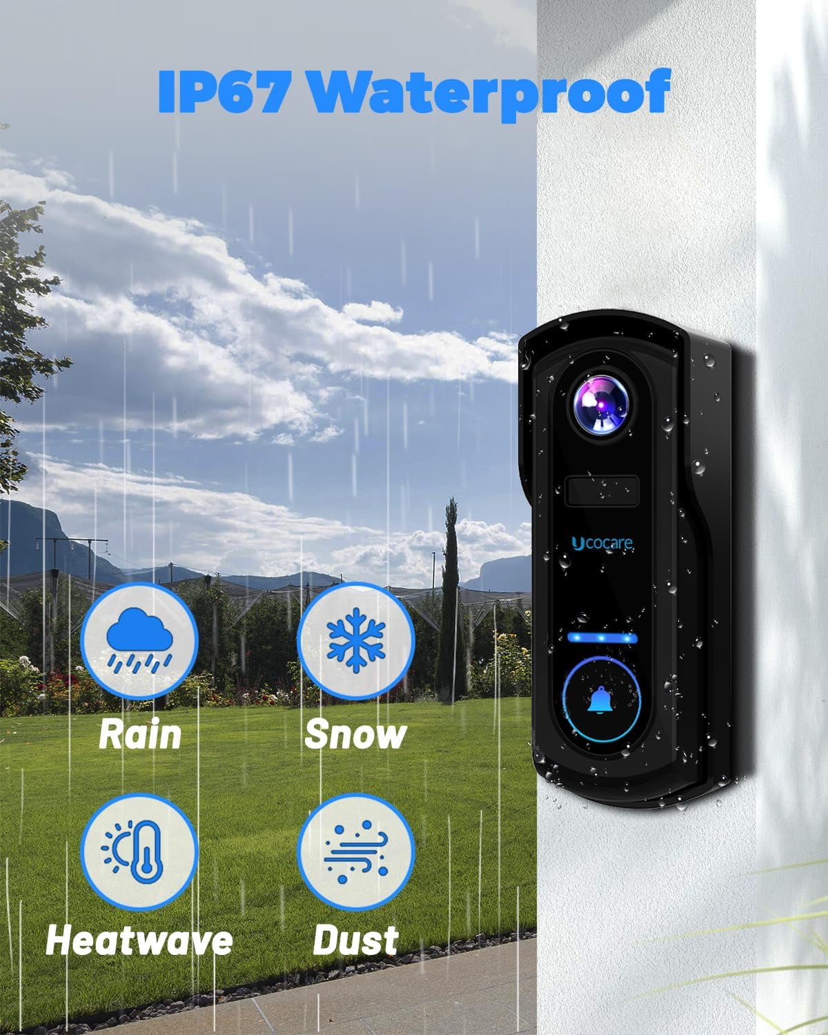 UCOCARE Video Doorbell Wireless with Chime, 2K FHD WiFi Doorbell Camera, PIR Motion Detection, Voice Message, Night Vision, 2-Way Audio, IP67, Support Local Storage & Cloud Storage - Image 2