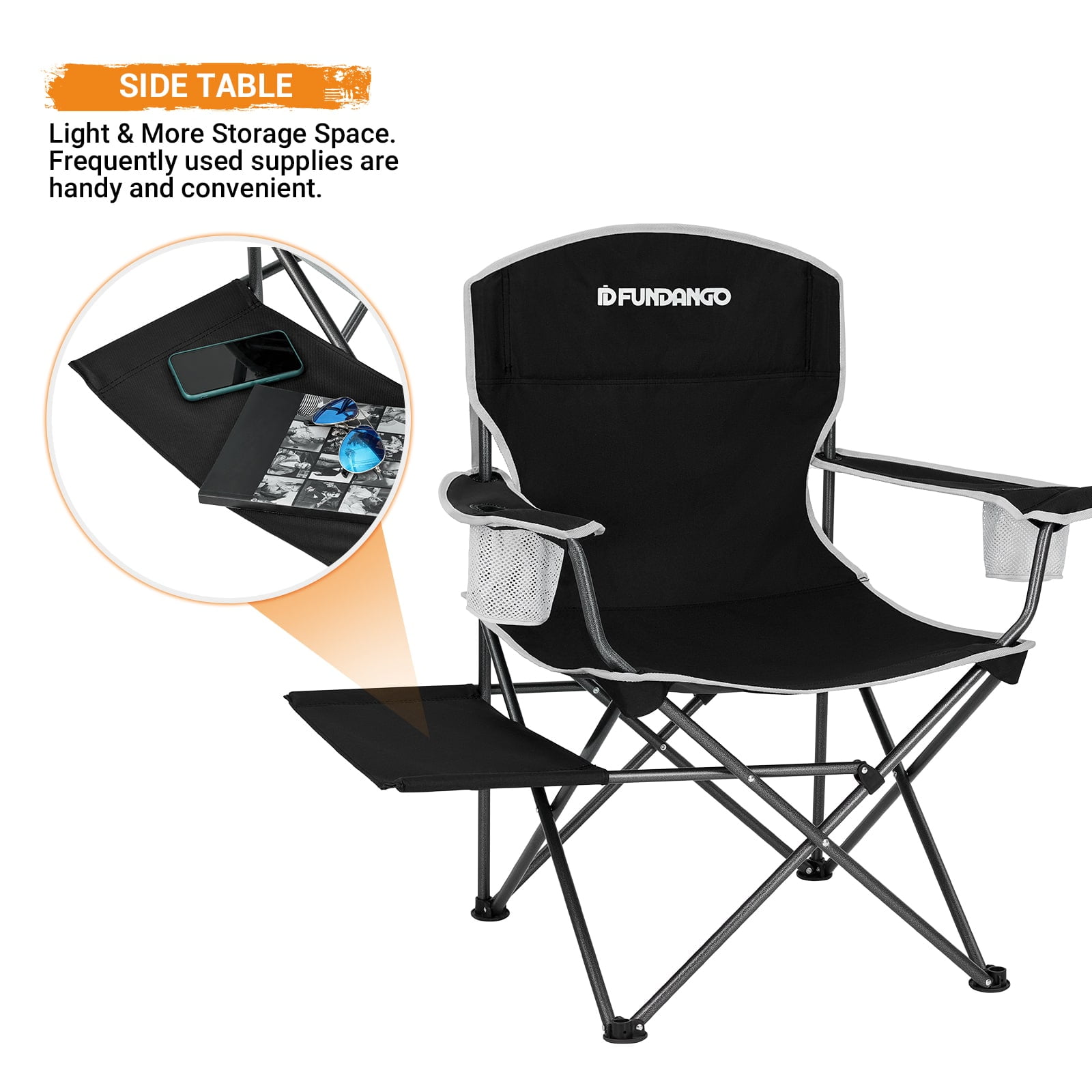 FUNDANGO Black Foldable Camp Lawn Chairs for Outside, Portable Folding Padded Chair for Park, Camping, Includes Side Table & Cup Holder, Support 300 lbs Capacity, Black, 1Pack - Image 7