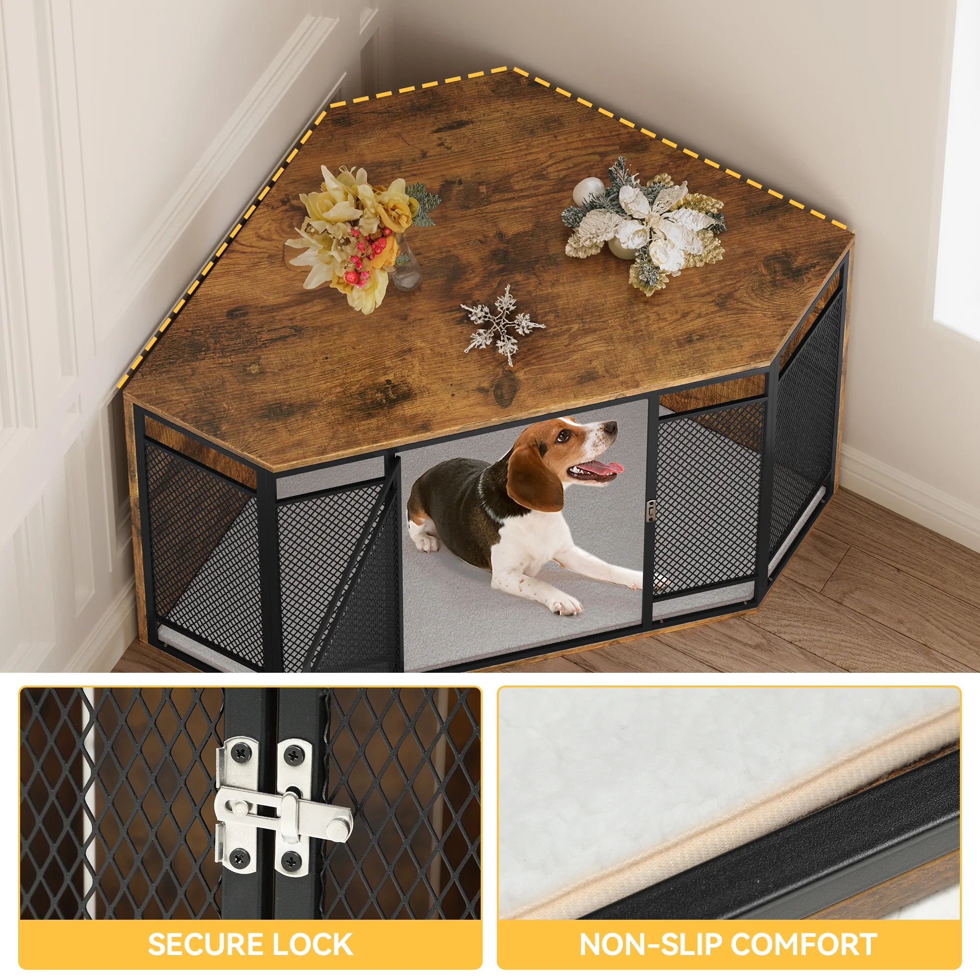 Uforic Corner Dog Crate Furniture,43.7 inch Wooden Dog Kennel,TV stand, End Table, Indoor Dog House, Metal Mesh, All-breed, Brown - Image 4