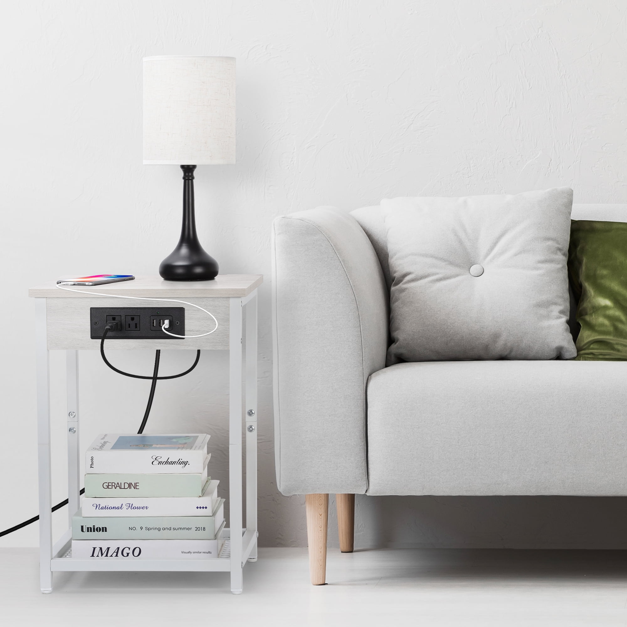 Oumilen Adult Nightstand End Table with Charging Station White, Set of 2 - Image 6