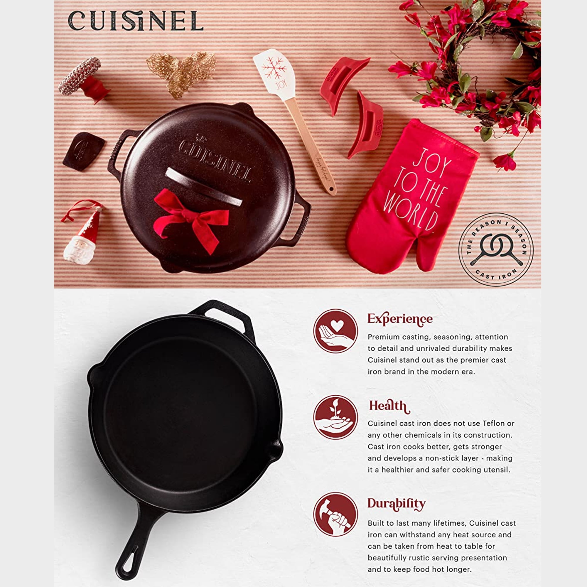 Cuisinel Cast Iron Skillet with Lid Kitchen Cookware Pre-Seasoned 10” - Image 2