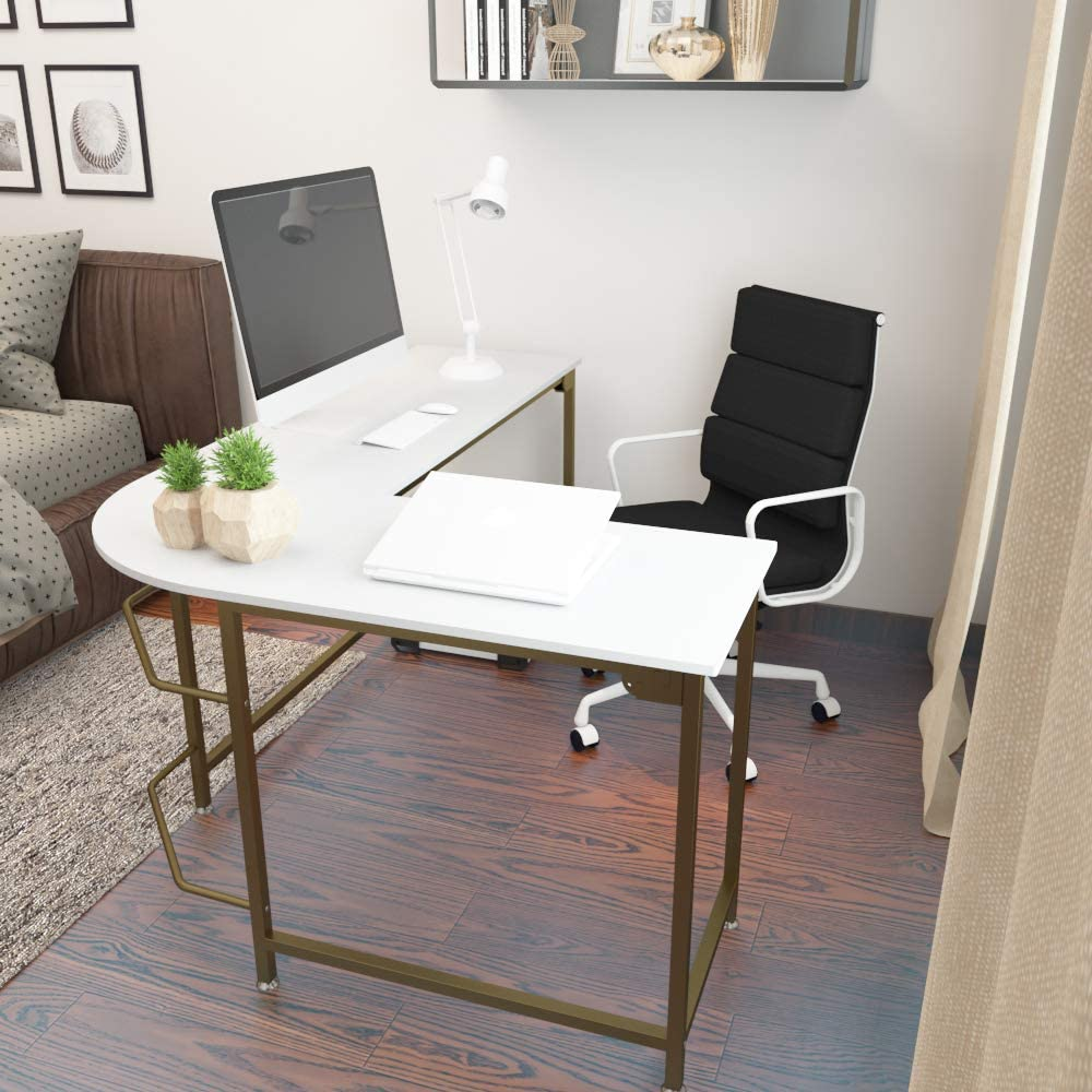 GEZEN Modern L-Shaped Computer Desk PC Latop Corner Table for Home Office, White with Gold Frame - Image 2