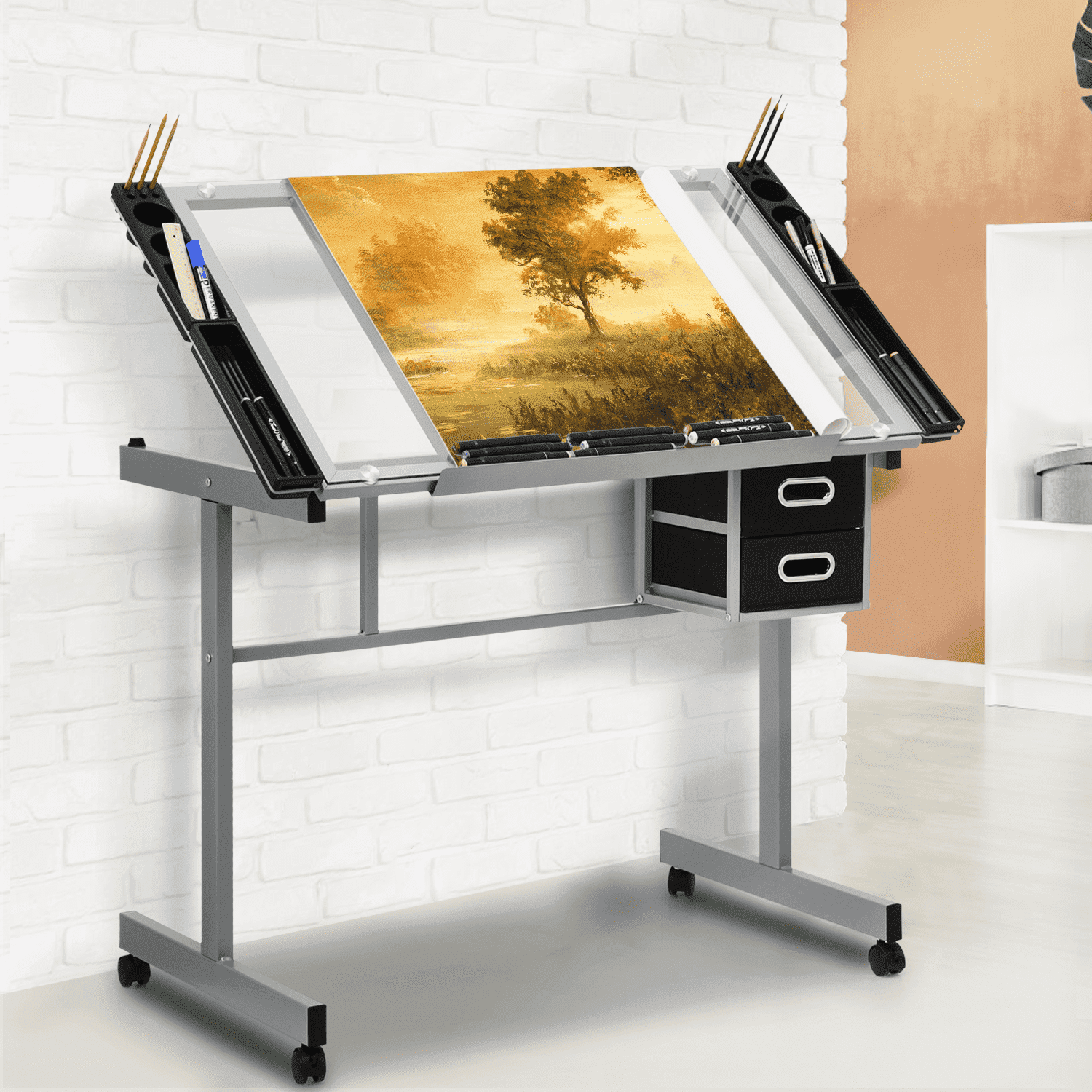 Magshion Tempered Glass Adjustable Height Drafting Table with Dual Drawers and Side Trays, Gray - Image 10