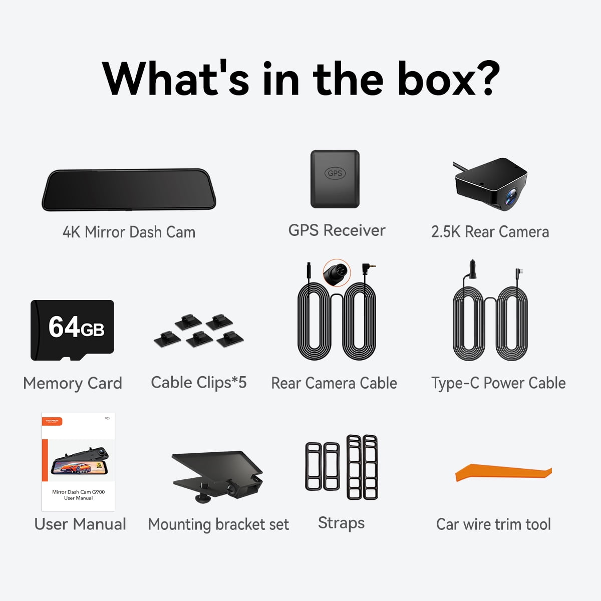 WolfBox 12" Rear View Mirror Dash Cam, 4K Mirror Dash Cam Front and 2.5K Rear Camera, Rearview Dash Camera for Car with WDR, Night Vision, Free 64GB Card & GPS - Image 14