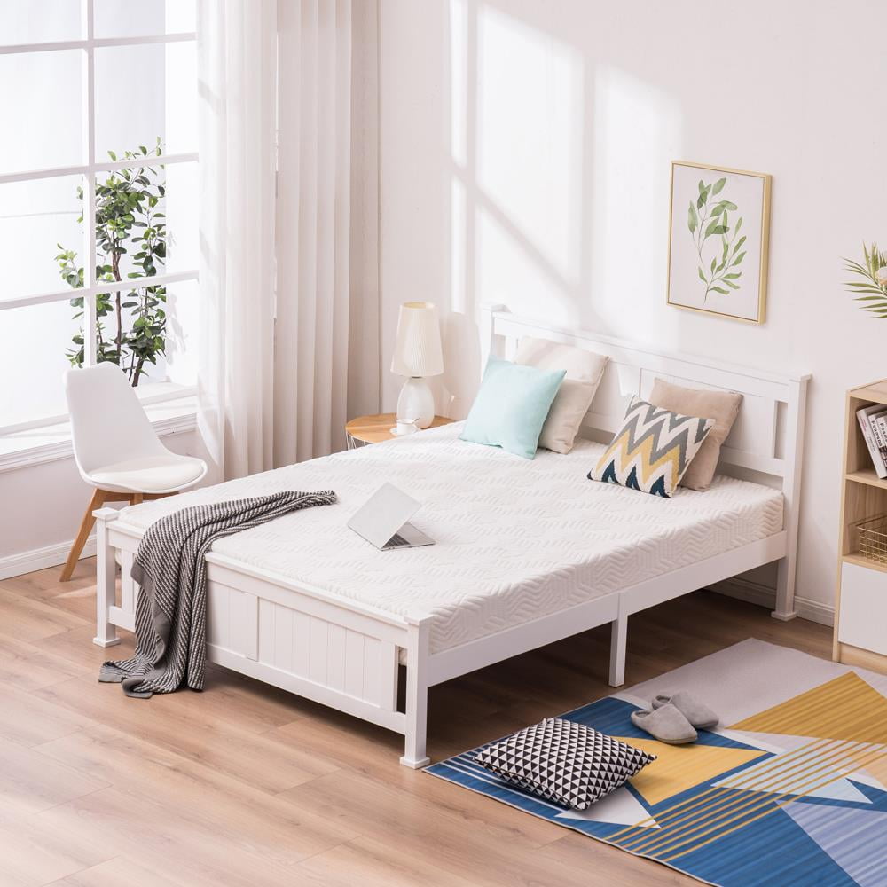 UBesGoo Queen Wood Platform Bed with Hardwood Slats & Headboard, White - Image 2