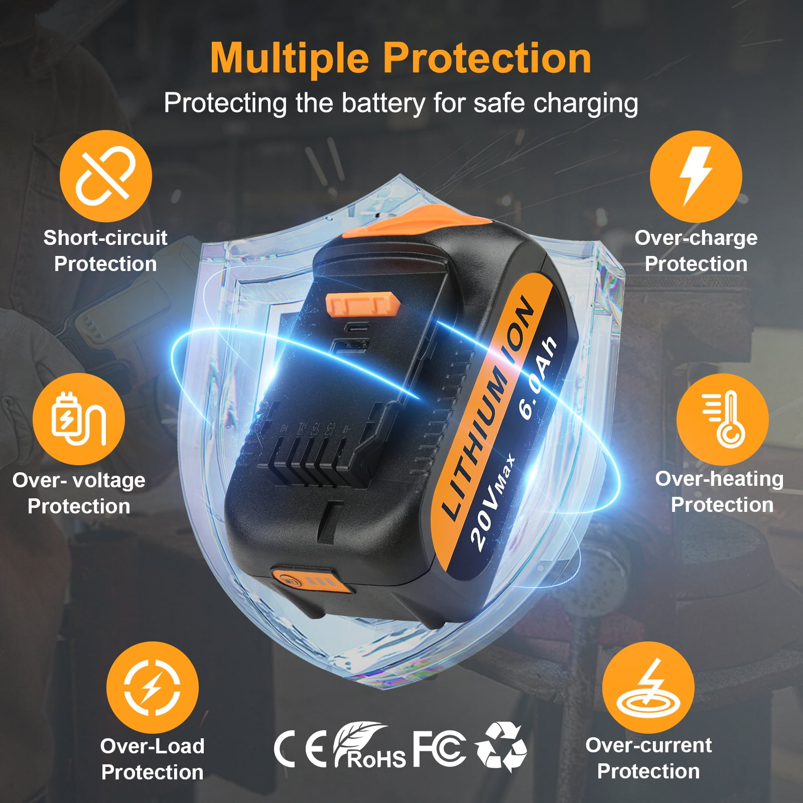 2 Pack DCB200 20V 6.0Ah Battery Replacement for Dewalt 20V Battery DCB206 DCB205 DCB204 - Image 4