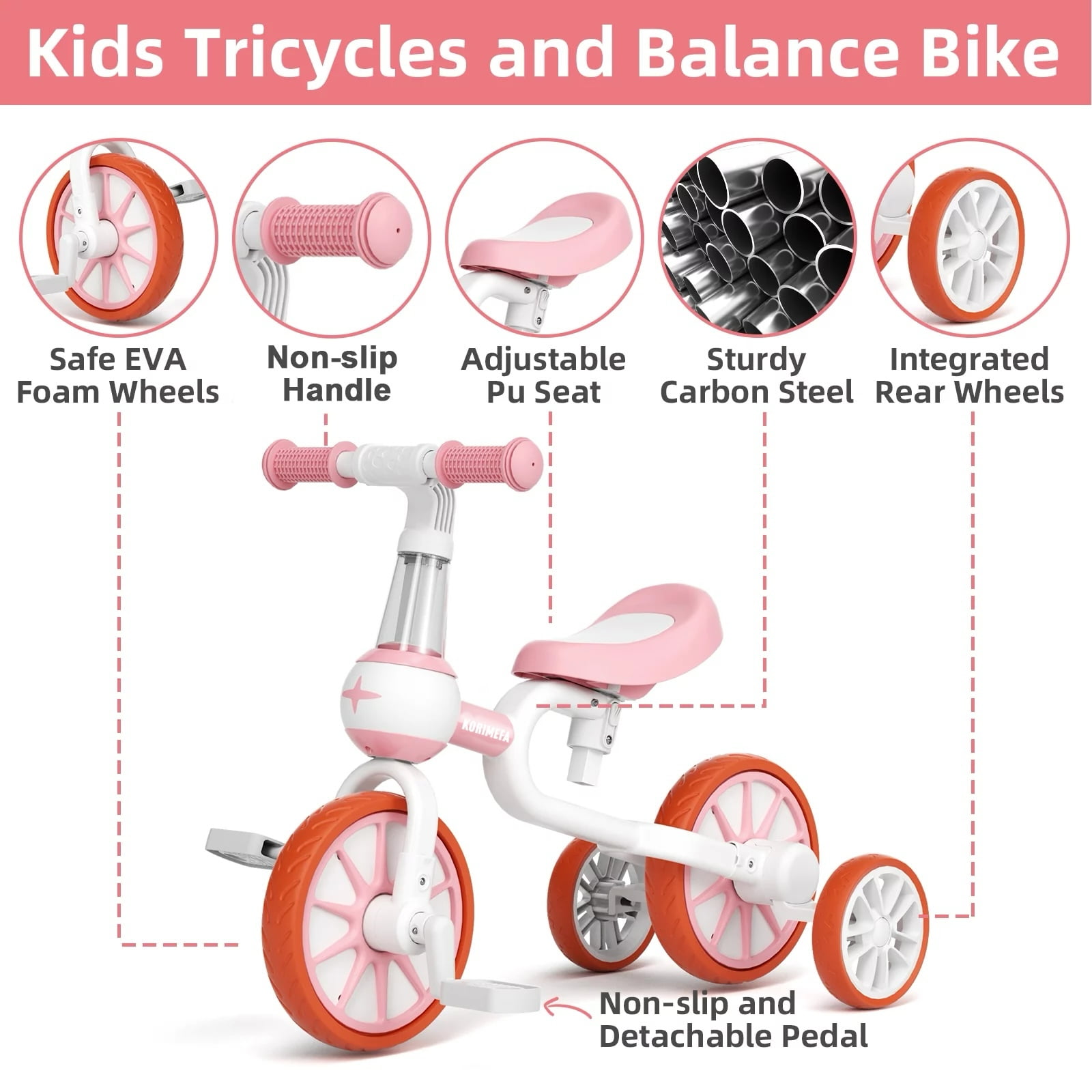 KORIMEFA 3-in-1 Kids Tricycle, Toddler Bike for Ages 1-4 Boy Girl, Pink - Image 11