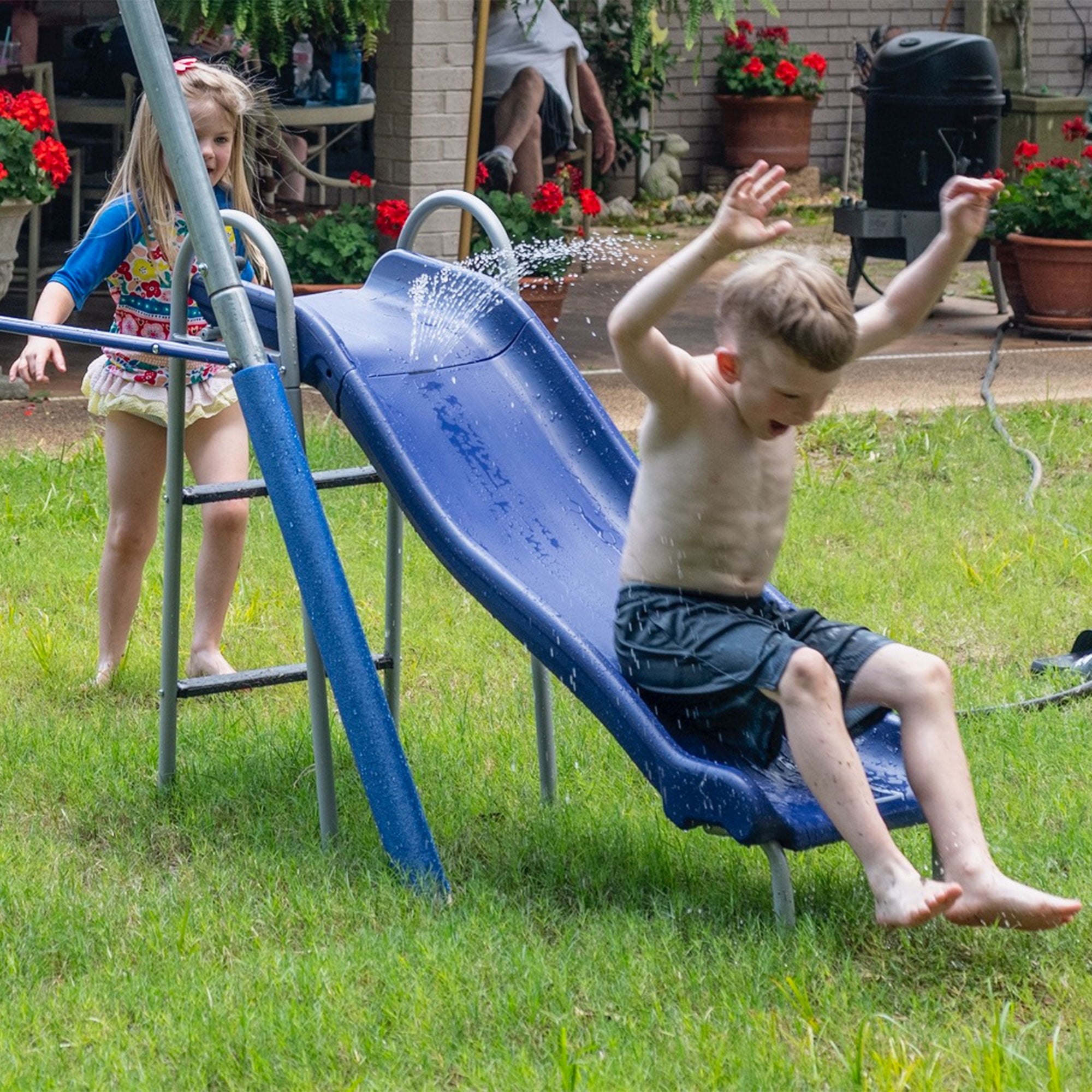 XDP Recreation Aqua Play Park Swing Set and Water Slide with Tarp, 2 Swings, and a Disc Swing - Image 4