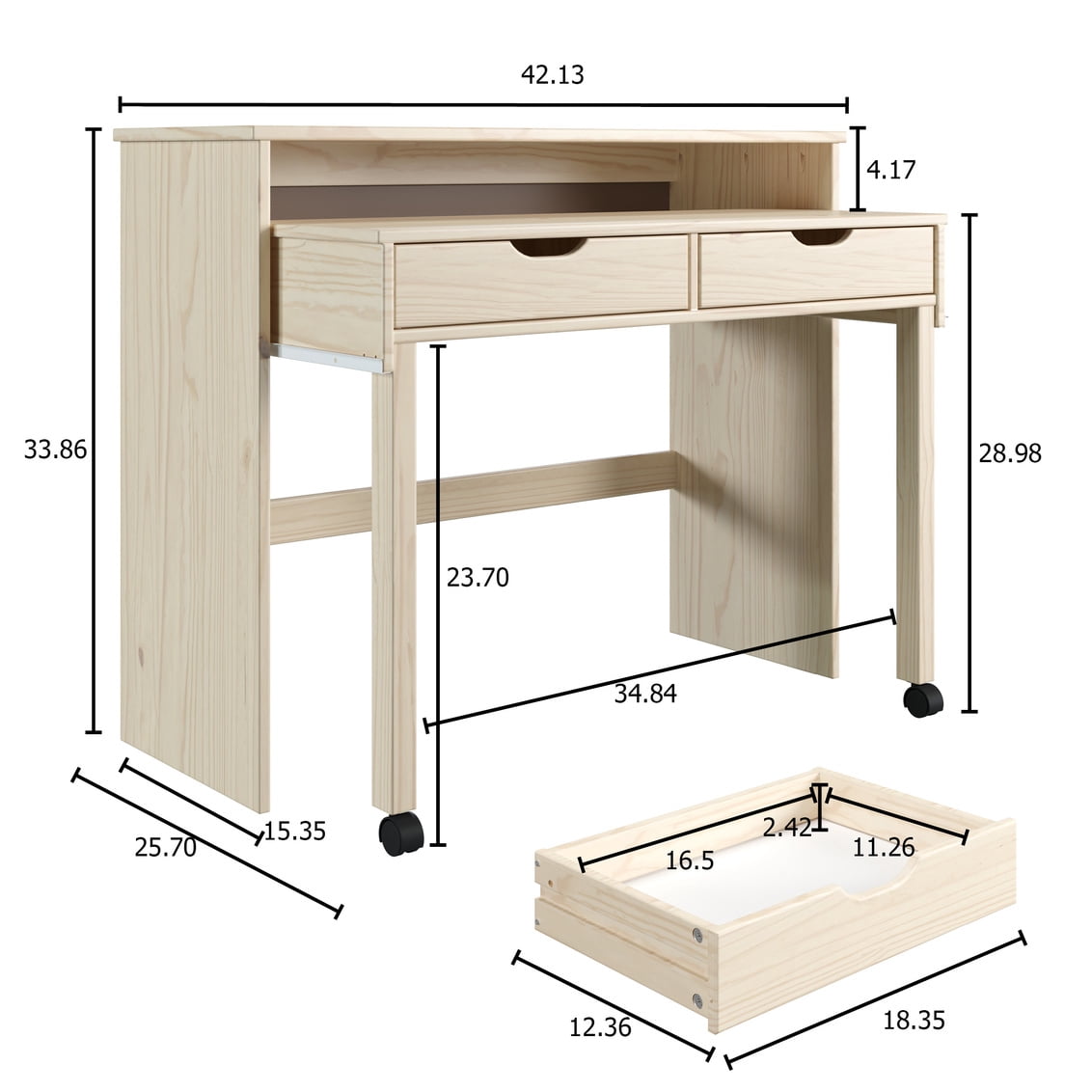 Linon Ansley 2-Drawer Extendable Writing Desk, 42" Wide, Natural Finish - Image 5