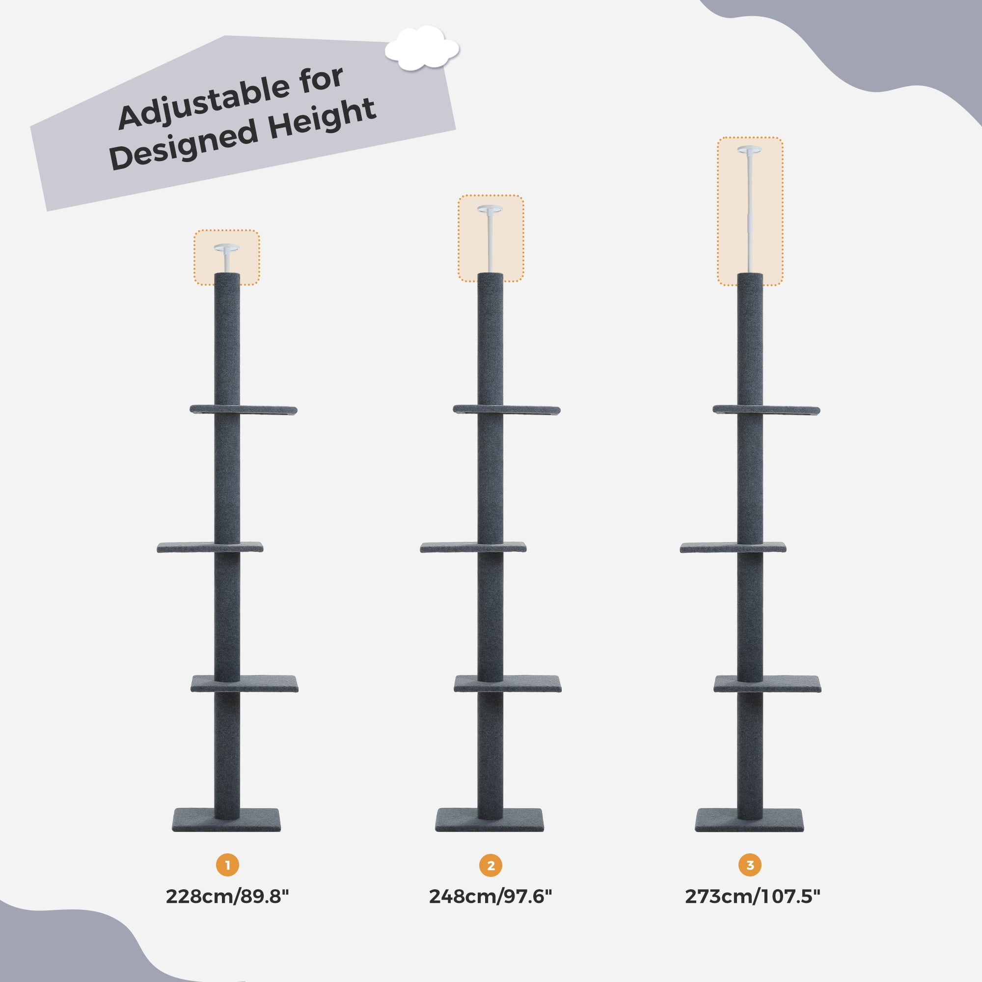 PAWZ Road 90-107" Floor to Ceiling Cat Tree Tower 4 Tier Tall Cat Climbing Posts Adjustable, Gray - Image 11