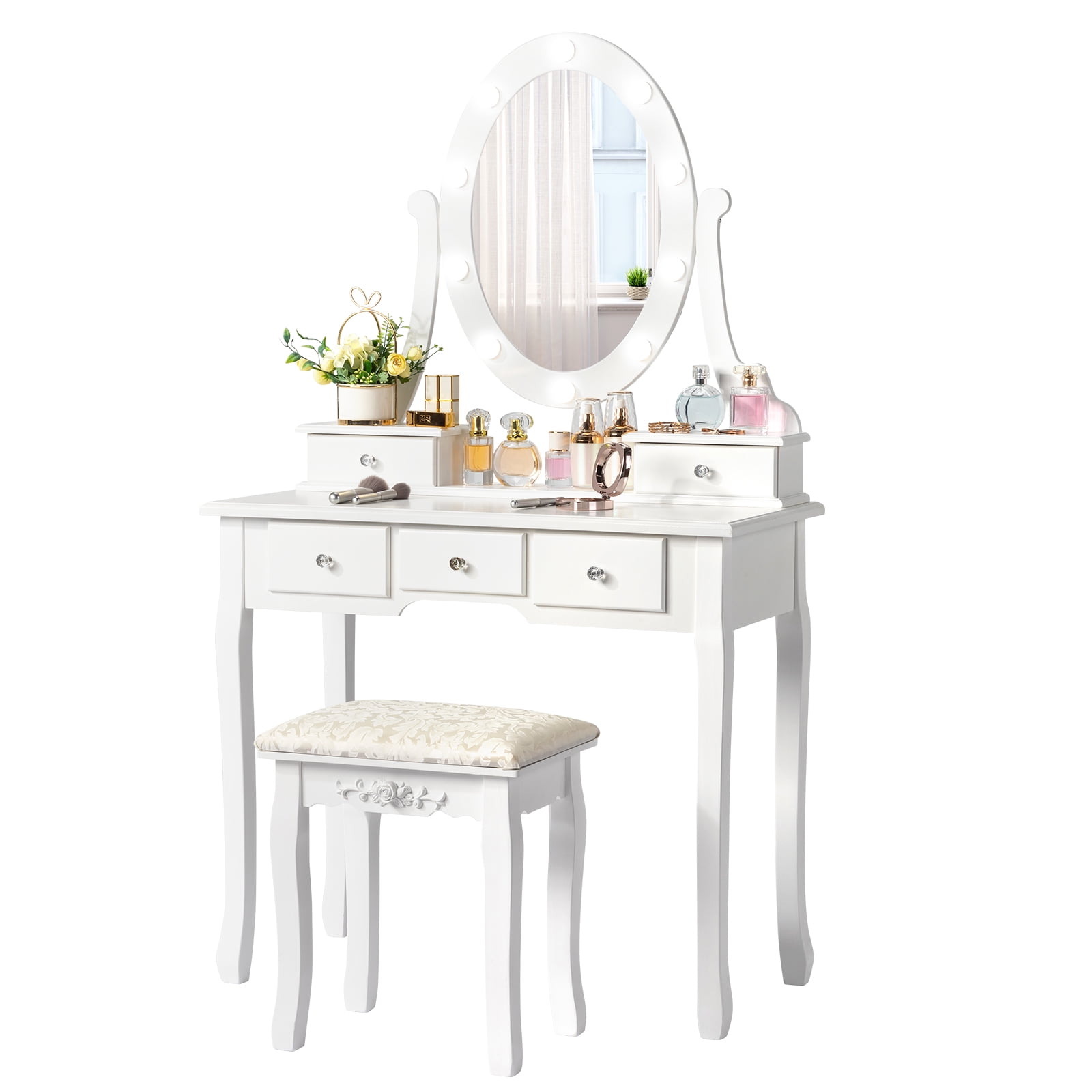Ktaxon Vanity Table 10 LED Lights, 5 Drawers Makeup Dressing Desk with Cushioned Stool Set,Bedroom Vanities Set White - Image 6