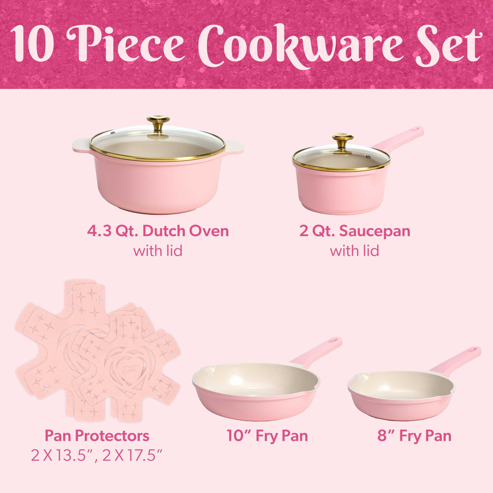 Paris Hilton 10-Piece Clean Ceramic Nonstick Cooking Pots and Pans with Lids Cookware Set with Heart Shaped Lid Knobs, Pink - Image 8