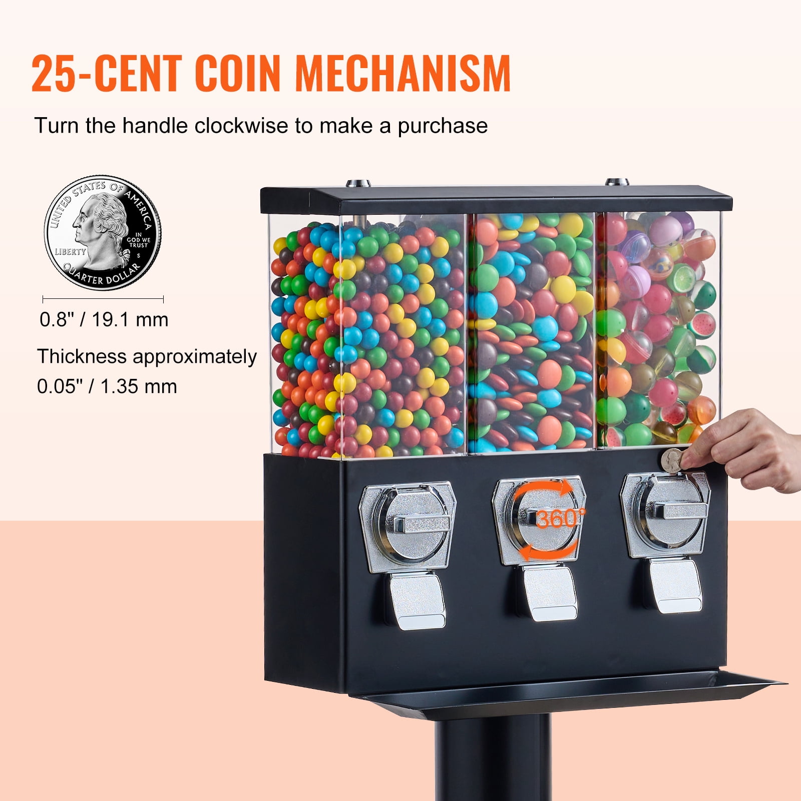 KFFKFF Black Gum Ball with Stand Vending Machine 44in Height Freestanding Commercial 25 Cents Coin Operated Gumball Bank 3 Compartment Candy Dispenser Vintage Candy Dispenser - Image 9