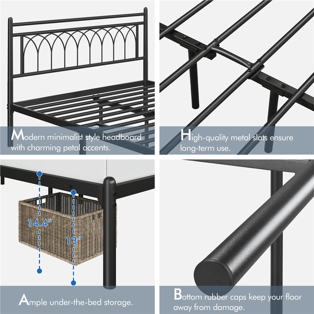 Renwick Modern Metal Platform Bed Frame with Petal Accented Headboard, Queen, Black, Adult - Image 5