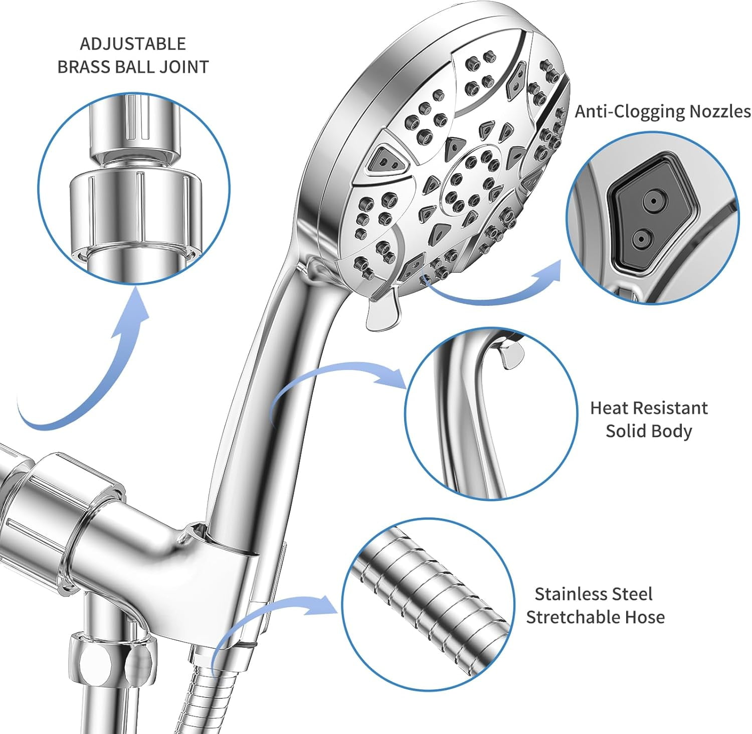 High Pressure 8-mode 5'' Handheld Shower Head with 5 ft Stainless Steel Hose and Adjustable Bracket, Built-in Power Wash to Clean Tub, Clean Corner,Tile & Pets - Image 6