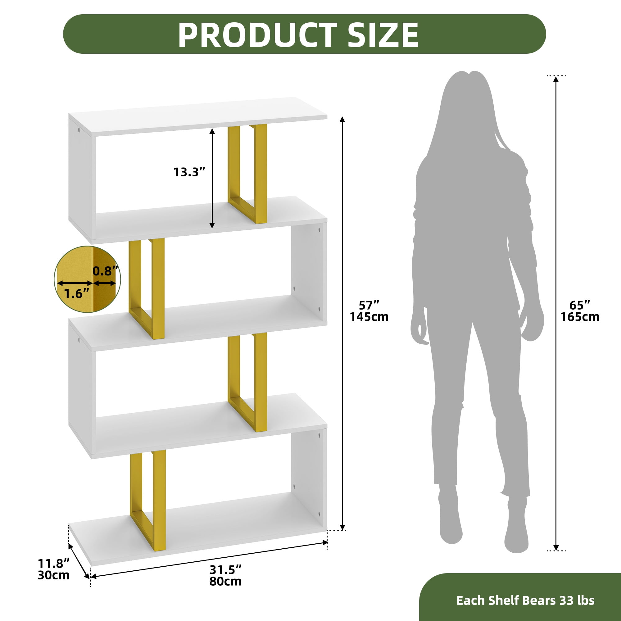 Dextrus 5-Tier S-Shape Bookshelf, Modern Wood & Metal Bookcase for Living Room, Bedroom, Home Office – Gold - Image 6