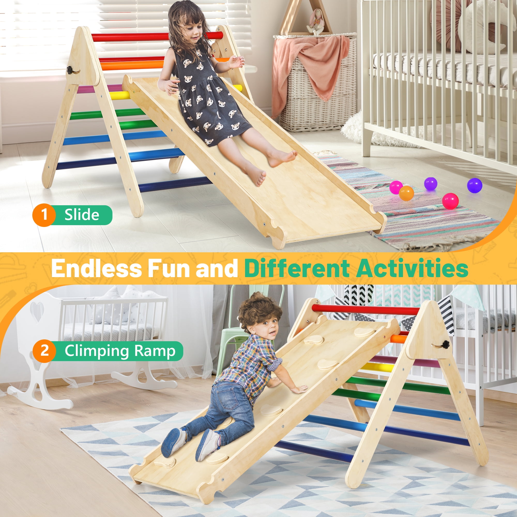 Wilwolfer 3 in 1 Climbing Toys for 1-3 Years Toddlers Montessori Wood Toys Set with Climbing Triangle & Ramp & Arch Indoor Outdoor - Image 4