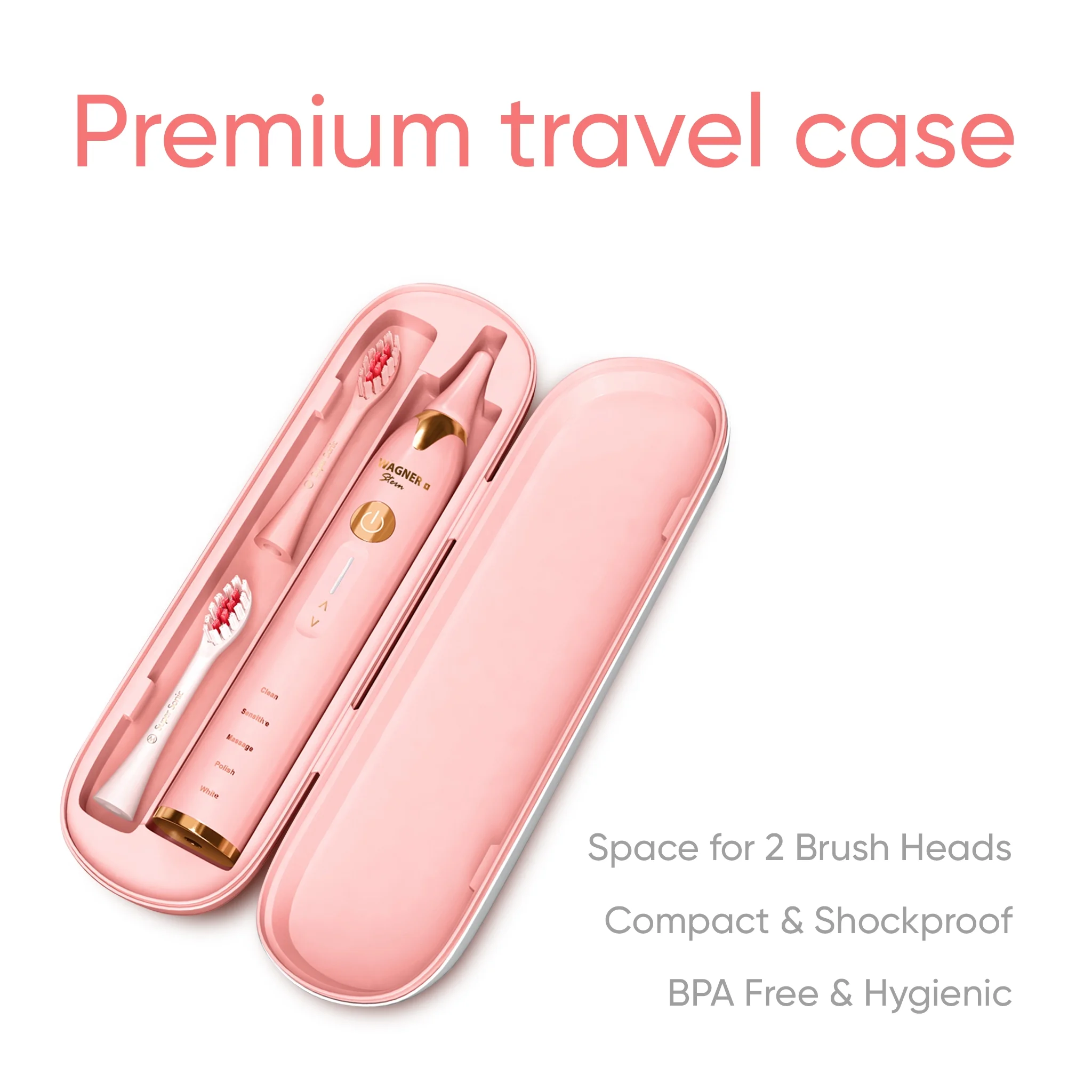 Wagner & Stern. Duette Series. 2 Electric toothbrushes with Pressure Sensor. 5 Brushing Modes and 4 Intensity Levels, 10 Dupont Bristles, 2 Premium Travel Cases. (Pink/Blue) - Image 4