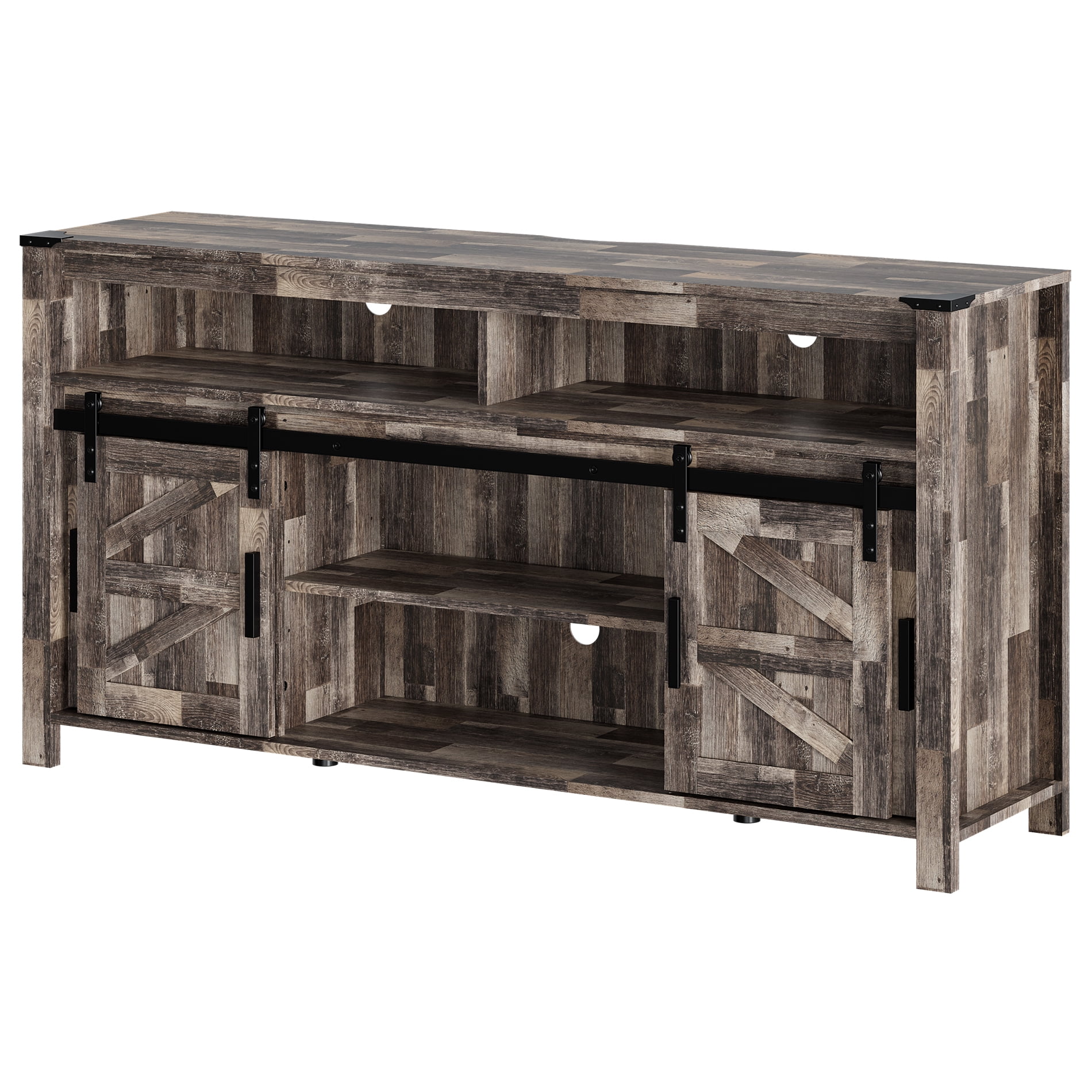 Tall TV Stand with Blue LED Lights Strips for 65 inch TVs, Farmhouse Media Console Table with Mesh and Barn Doors for Bedroom, Living Room, Dark Rustic Oak, 59x15.4x31 - Image 4