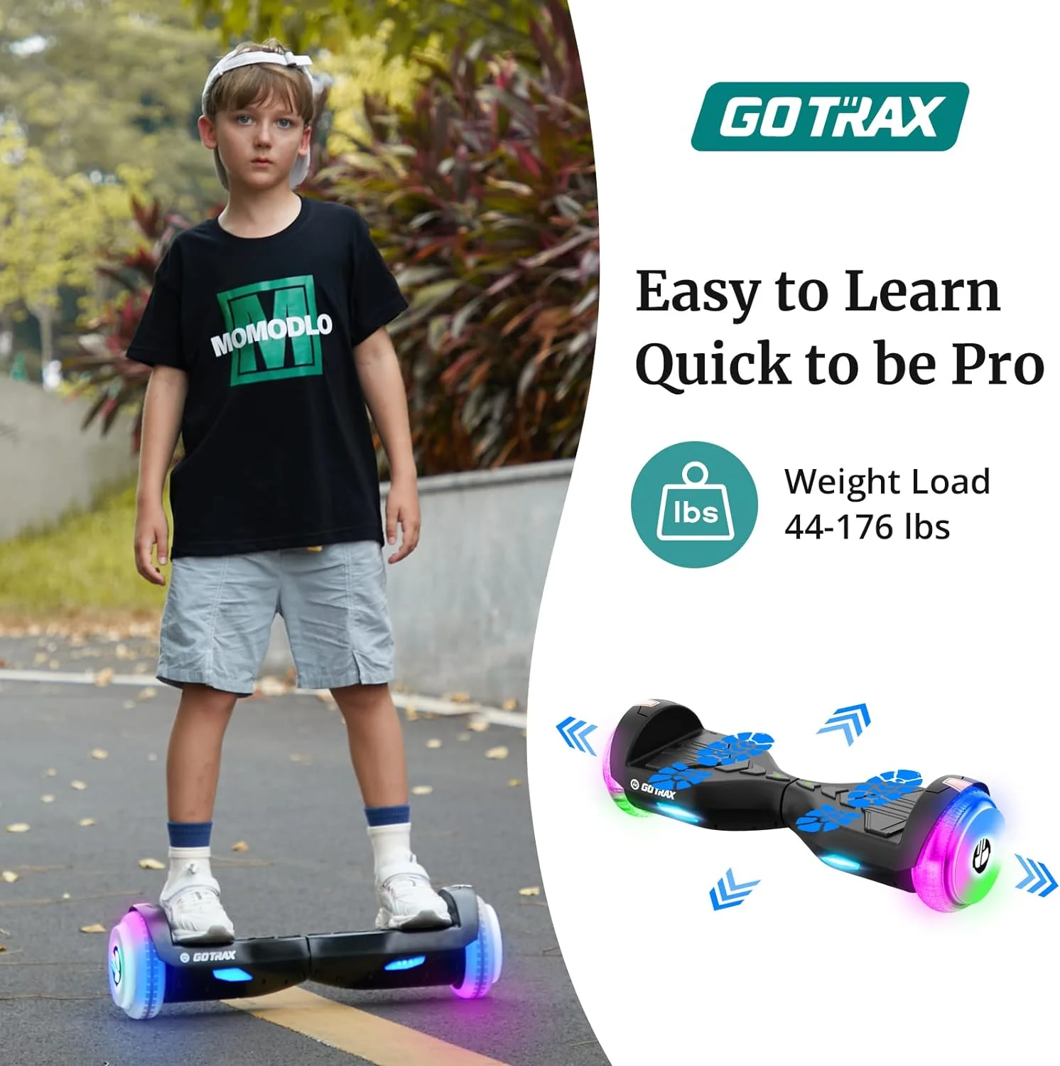 GOTRAX Pulse Lumios Hoverboard with Bluetooth Speaker and 6.5" LED Light for Kids 8+, Max 4.3 Miles & 6.2MPH, Dual 200W Motor Hoverboard, Black - Image 2