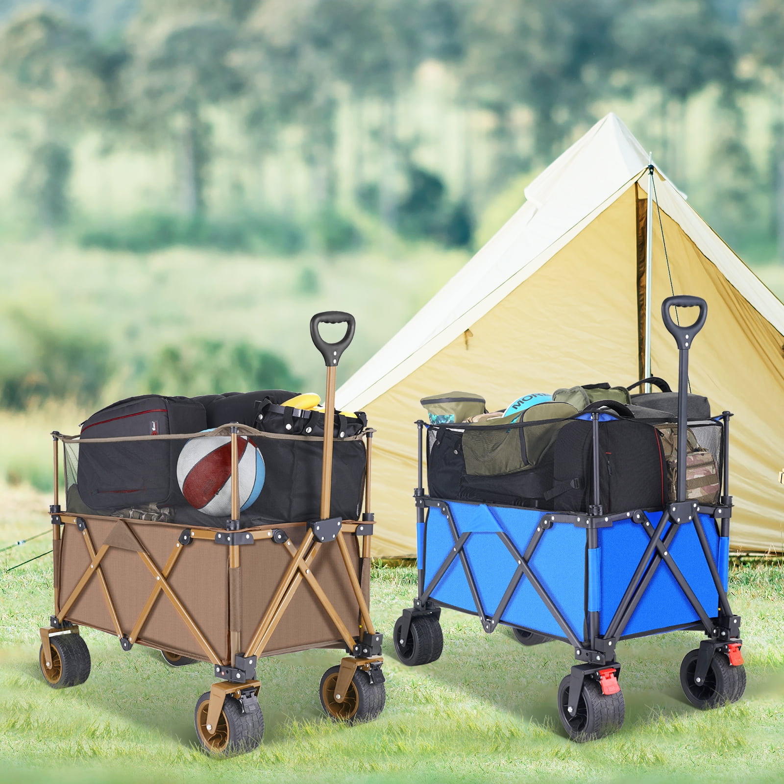 Collapsible Camping Beach Wagon, VECUKTY 350L Garden Cart, Heavy Duty Utility Fold Wagon with Big Wheel & Side Pickets for Garden, Camping, Sport, Shopping, Brown - Image 6