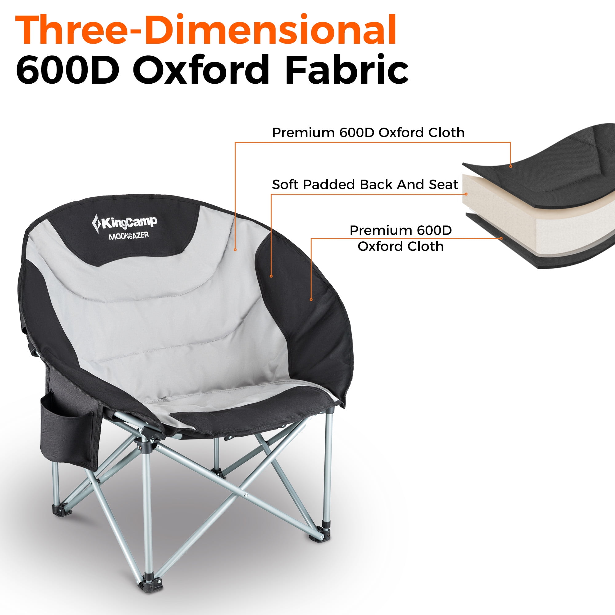 KingCamp Oversized Folding Camping Chair, Saucer Round Heavy-Duty Padded Chair, Outdoor Chair with Pocket, Lawn Chair Support 330lbs, Ultra-Comfortable Design for Adults - Image 4