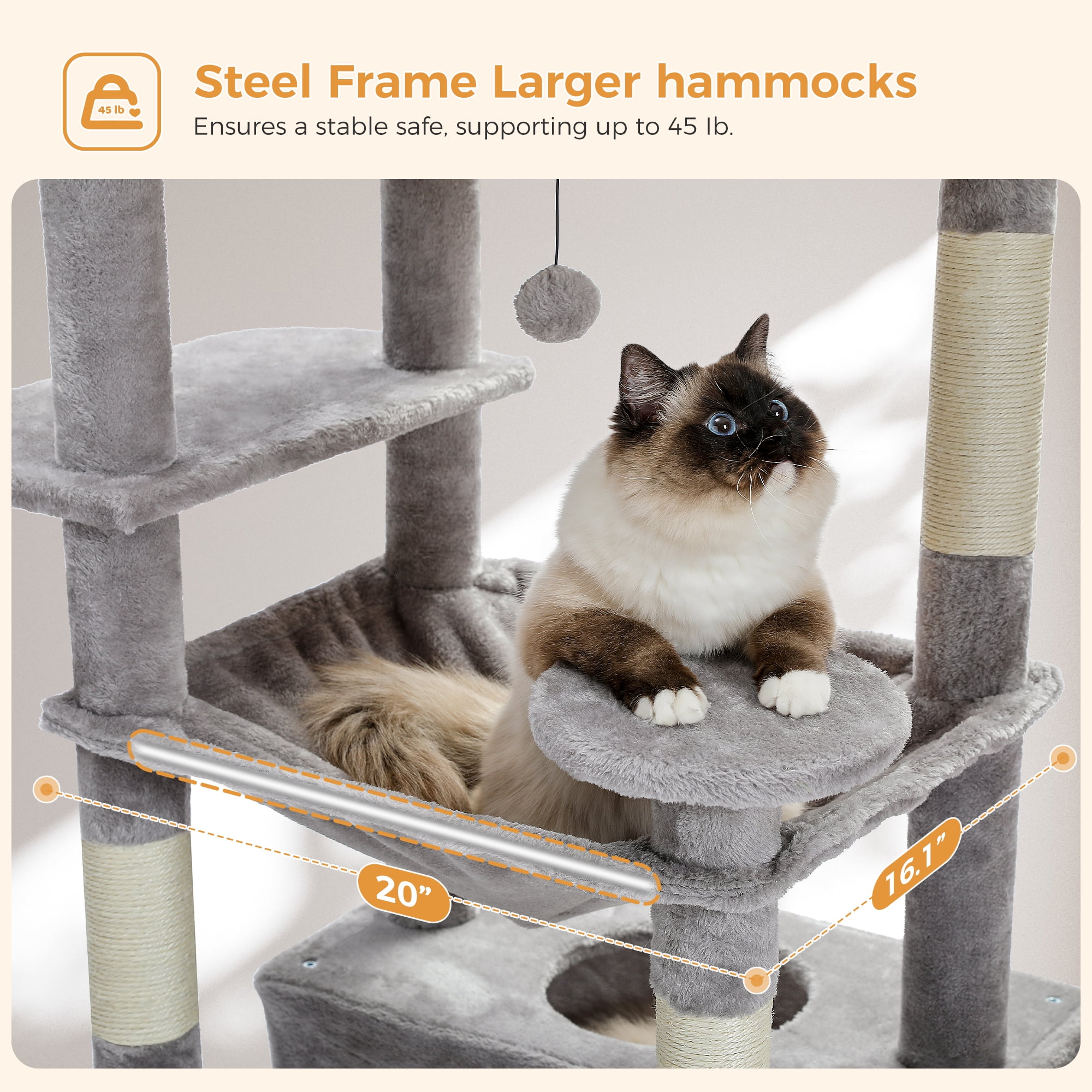PAWZ Road 73"Cat Tree for Large Cats Multi Level Play Tower Condo 7 Sisal Cat Scratching Posts Gray - Image 7