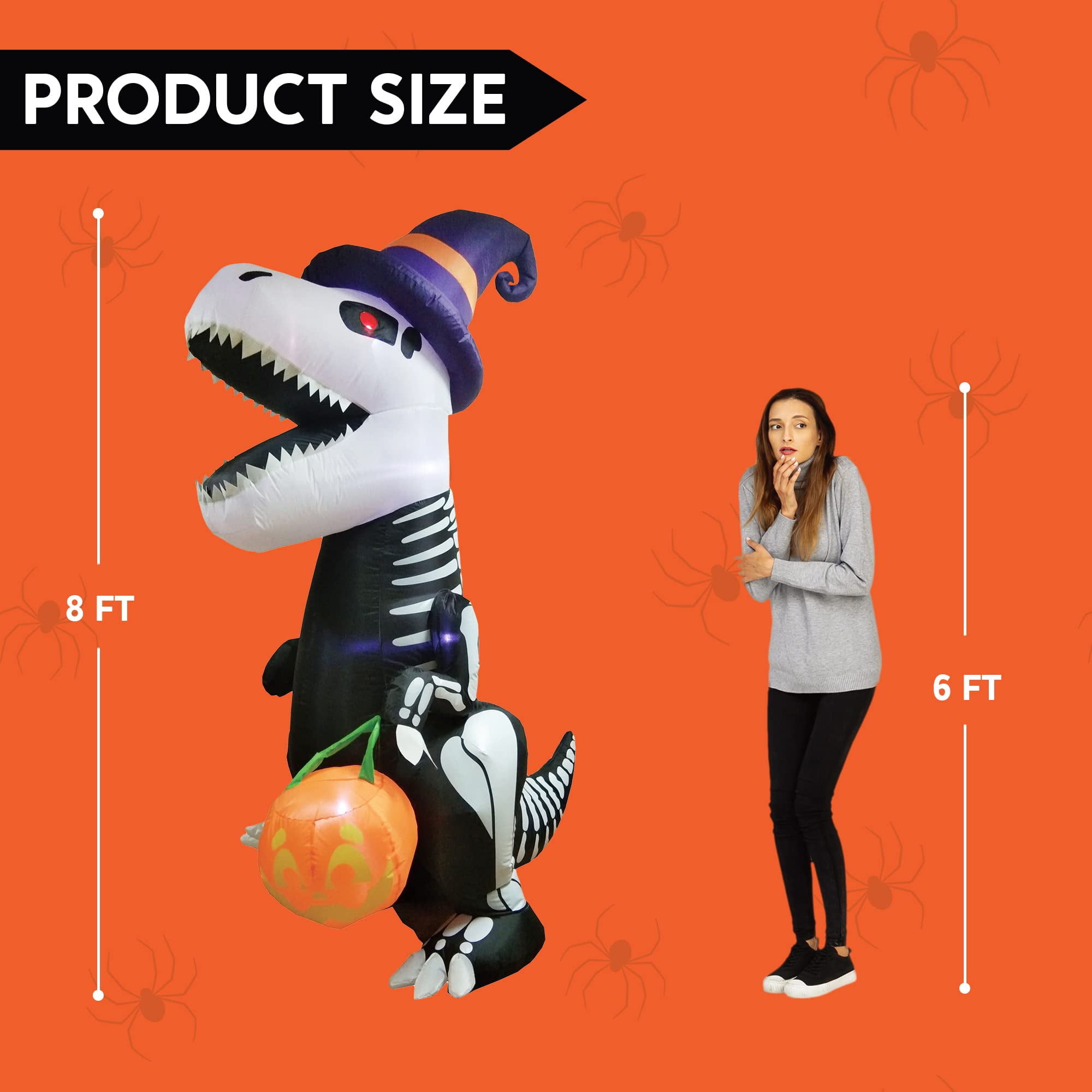 Joyfy 8 FT Halloween Inflatable Skeleton Dinosaur with Build-in LEDs Pumpkin Decorations,Halloween Outdoor Decorations Blow up Yard Decorations - Image 4