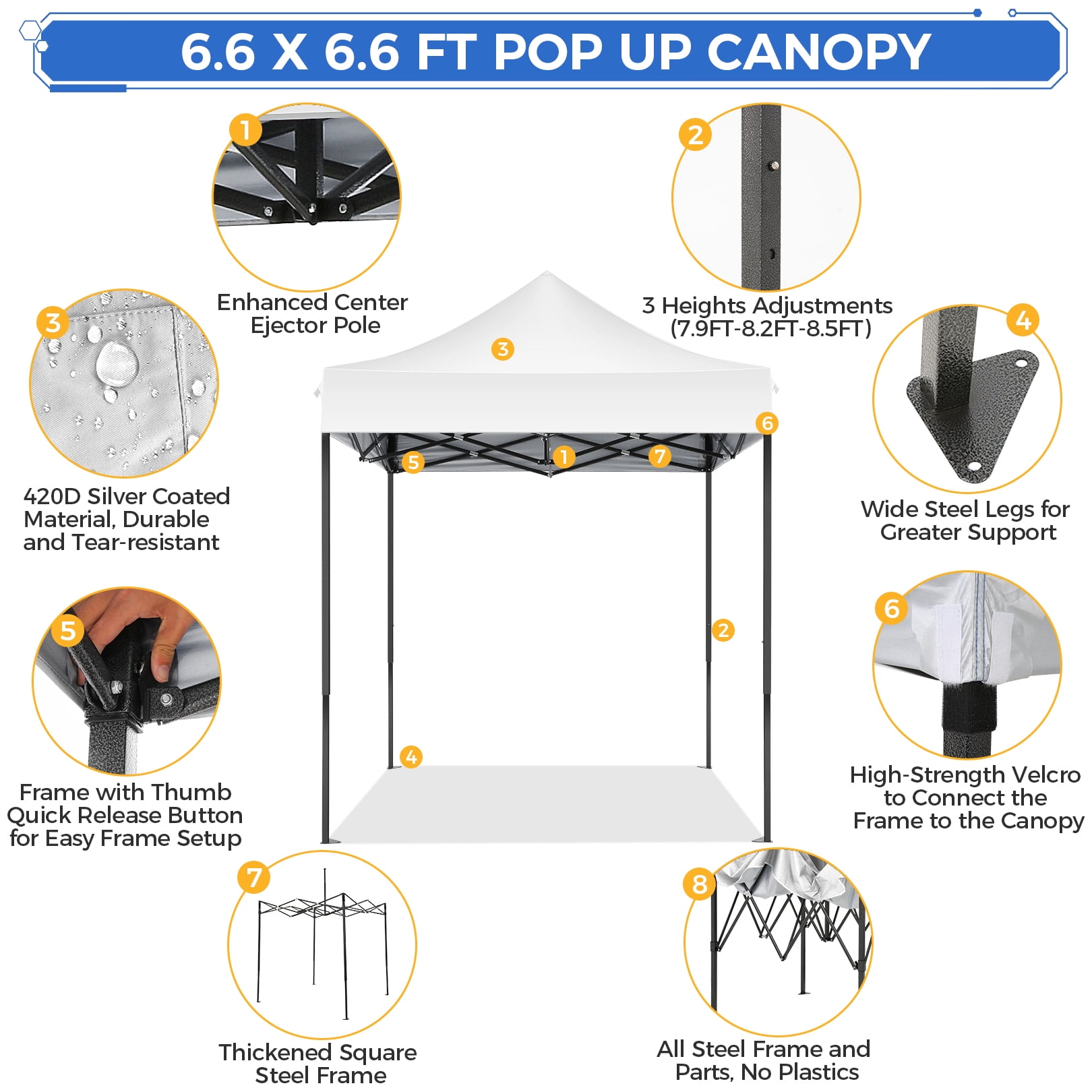 SANOPY 6.6 x 6.6 FT Pop Up Canopy Tent, Heavy Duty Canopy Easy Set up All Weather Waterproof Outdoor Canopy Tent for Parties, Beach, Garden, Camping with 1 Handbag, 3 Adjustable Heights, UPF50+ - Image 3
