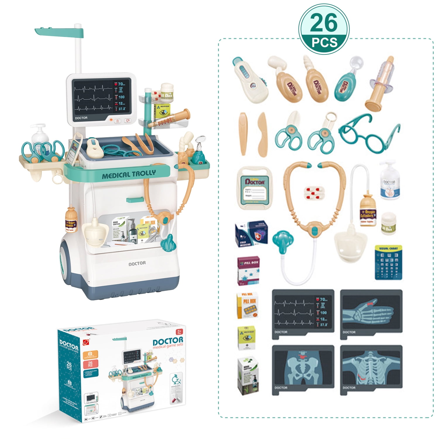 PayUSD Doctor Kit for Kids Doctor Set Pretend Play Medical Kit Station Set for Girls Boys Dr. Playset Role Play Mobile Cart Trolley for Toddler Toys Christmas Gift, 26 PCS - Image 2