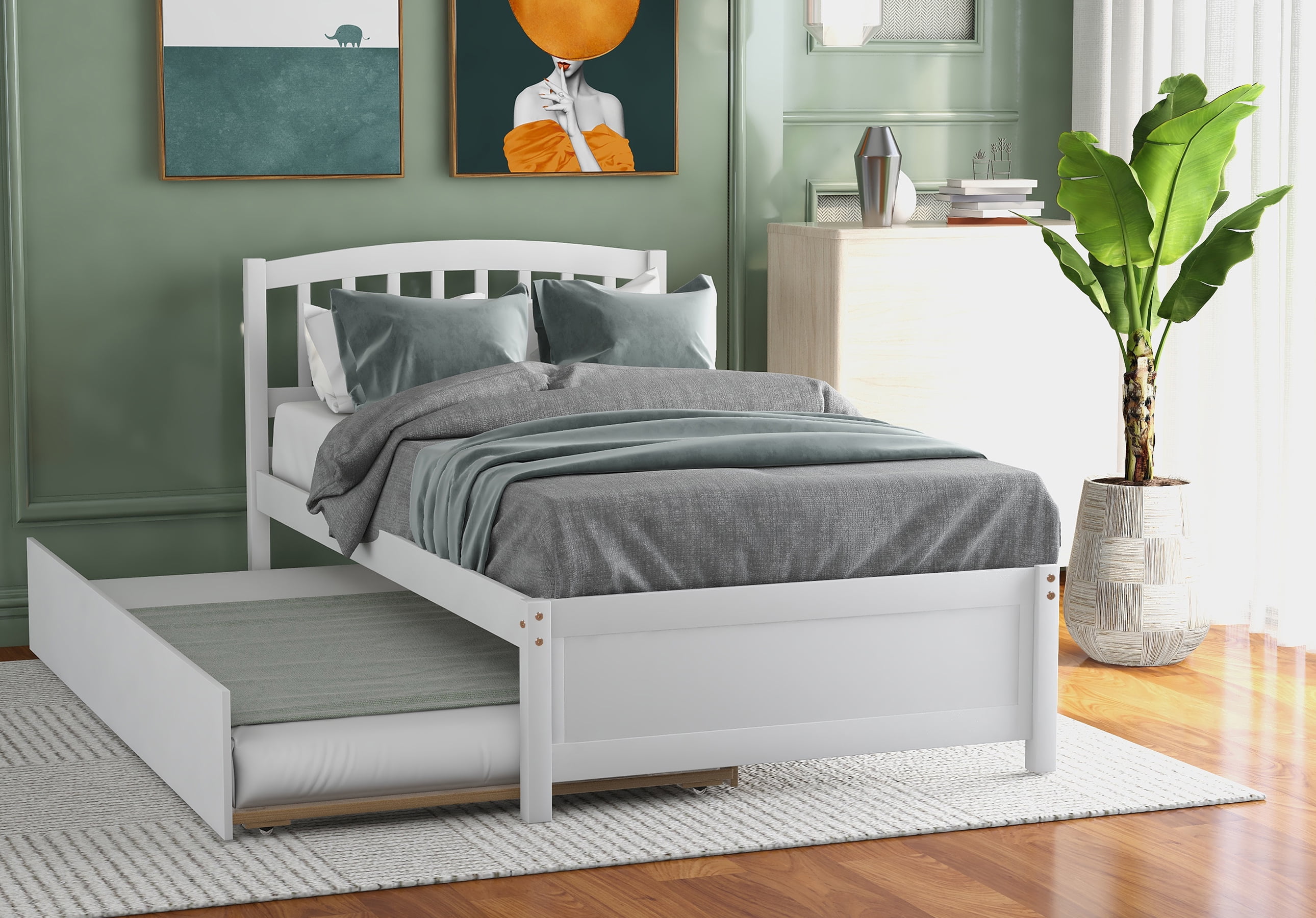 Aukfa Twin Platform Bed with Trundle - Trundle Bed with Headboard for Kids Teens - White - Image 4