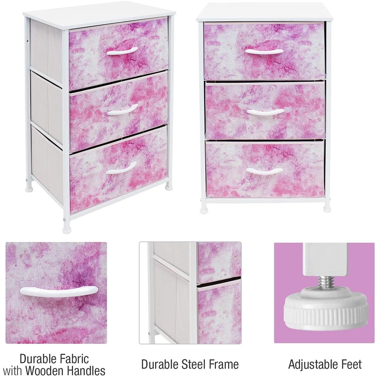 Sorbus Nightstand Storage Organizer Chest with 3 Drawers - Kids Girls, Boys Bedroom Furniture Chest for Clothes, Closet Organization - Steel Frame, Wood Top, Tie-dye Fabric Bin (3-Drawer, Pink) - Image 4