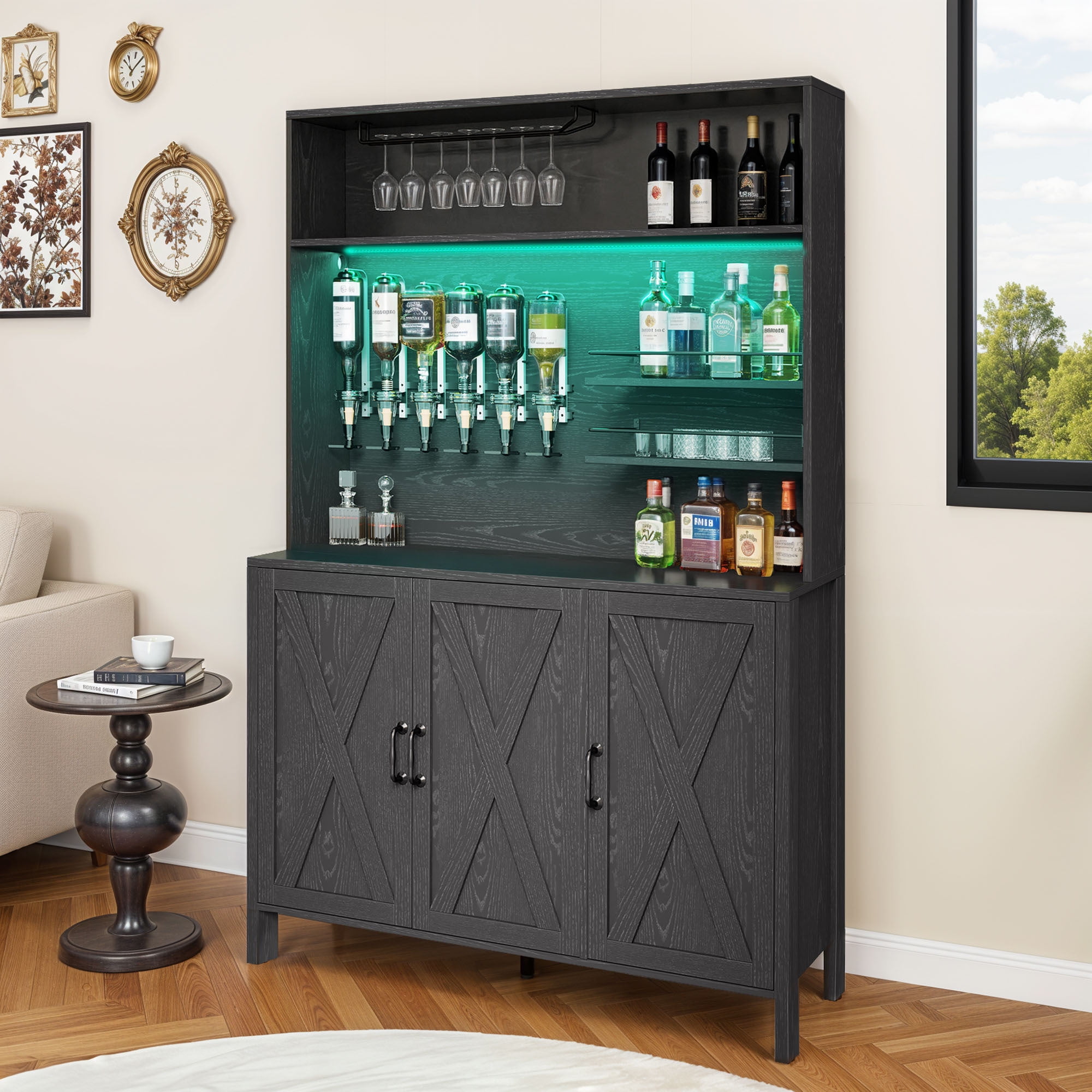 Uforic Bar Cabinet with LED Lights and Wine Rack, Liquor Cabinet with Beverage Dispenser, Black - Image 2