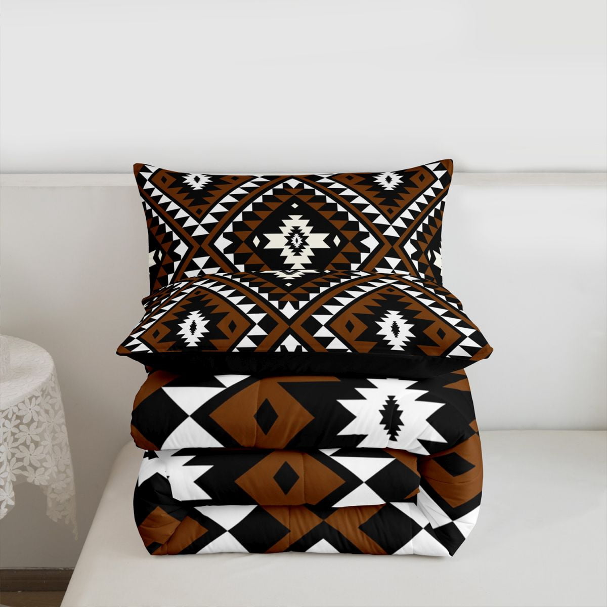 Rustic Western Twin Size Comforter Set For Men,Southwestern Aztec Bedding Set Bohemian Quilt Comforter Ethnic Mexican Geometric Diamond Duvet Insert Brown Black White Farmhouse Room Decor 2 Pcs - Image 2