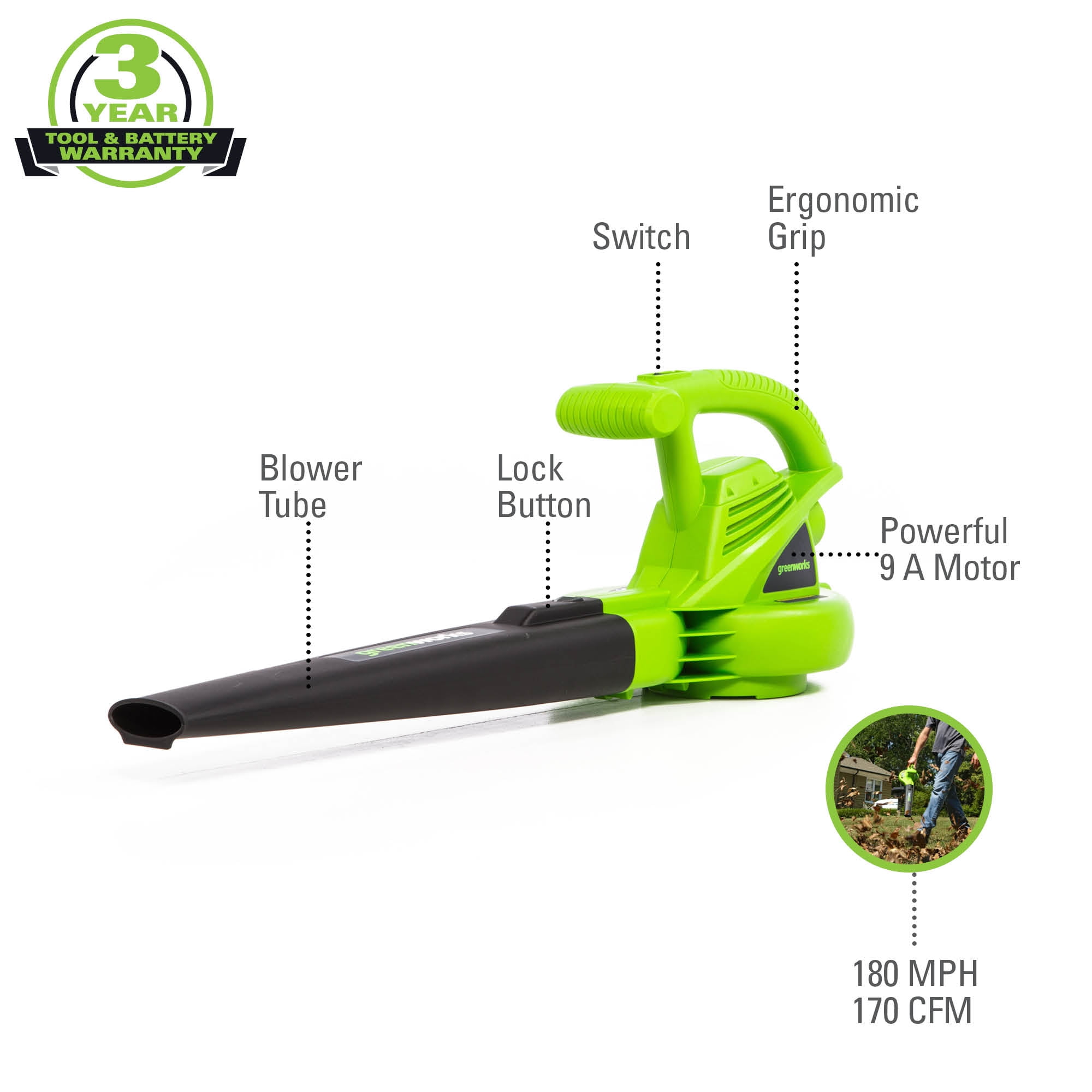 Greenworks 9 Amp (170 Cfm /180 mph) Corded Electric Leaf Blower 2401502 - Image 13