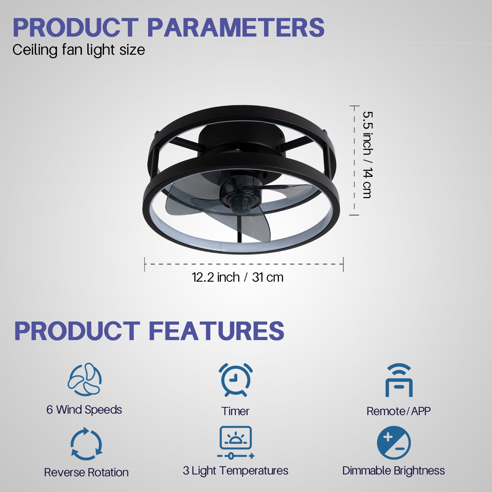 SURNIE 12.2in Metal Black LED Flush Mount Ceiling Fan with Remote Control - Image 5