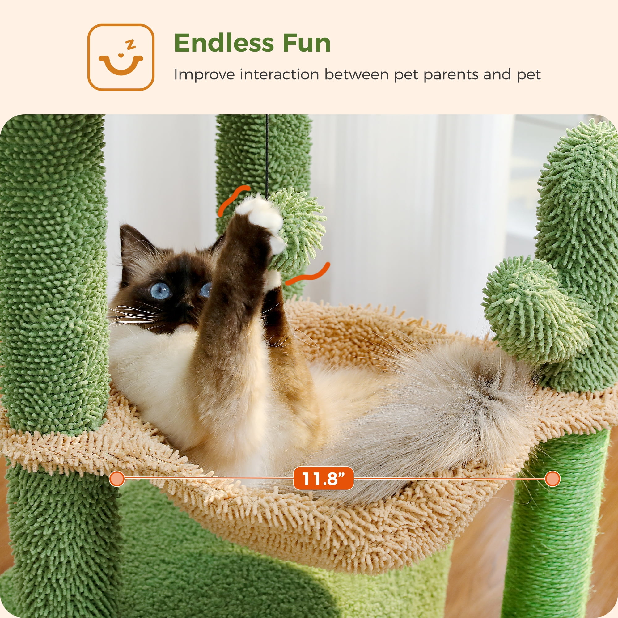 PAWZ Road Cat Tree 33" Cute Cactus Cat Scratching Posts Tower with Large Top Perch and Hammock for Medium Indoor Cats, Green - Image 5