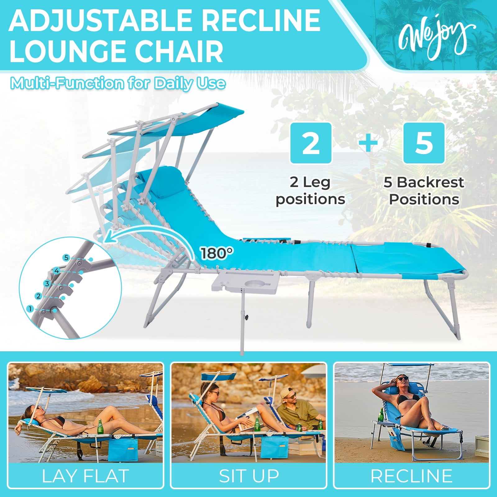 #WEJOY Portable Beach Chaise, Lounge Chair, 5-Position Adjustable Reclining Chaise, Folding Chaise with Face Hole, Sunshade, 3-in-1 Pocket and Side Table, Weight up to 264 lbs - Image 10