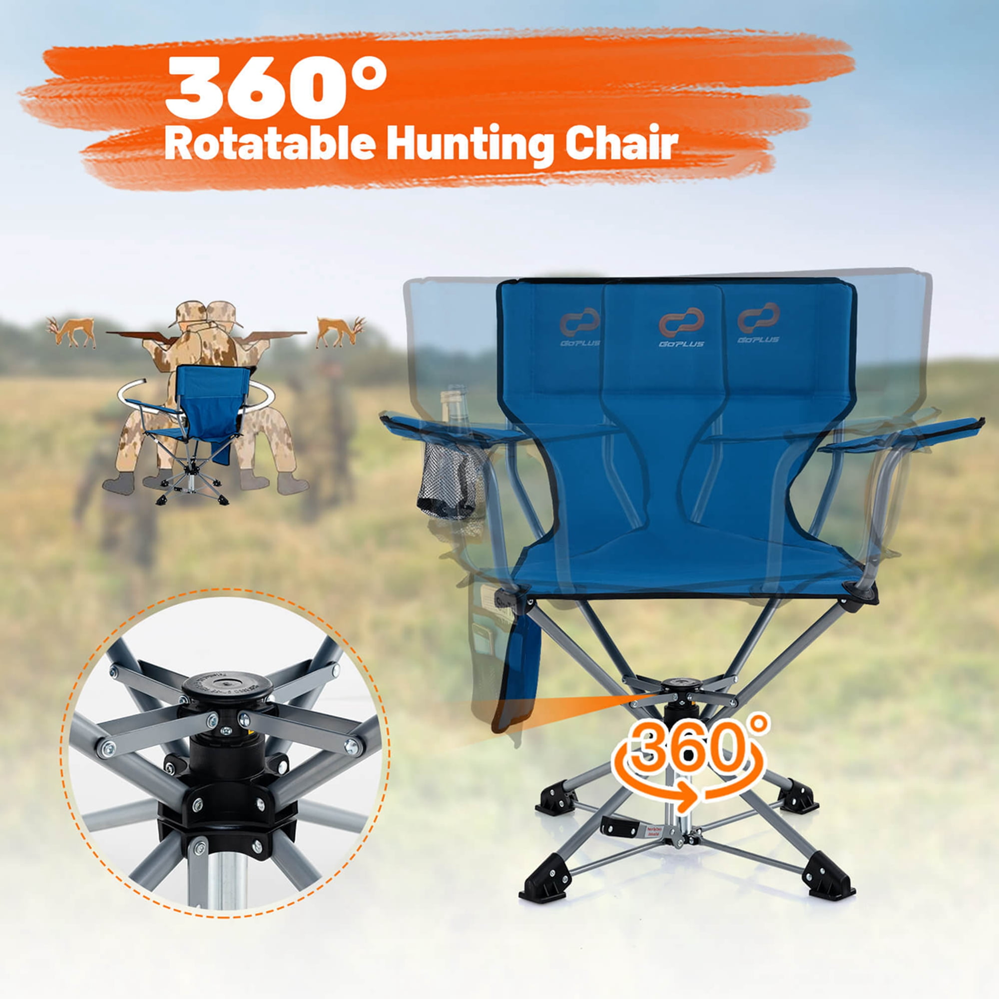 Costway 360° Swivel Hunting Chair with Mesh Cup Holder & Storage Pockets Cozy Backrest Blue - Image 5