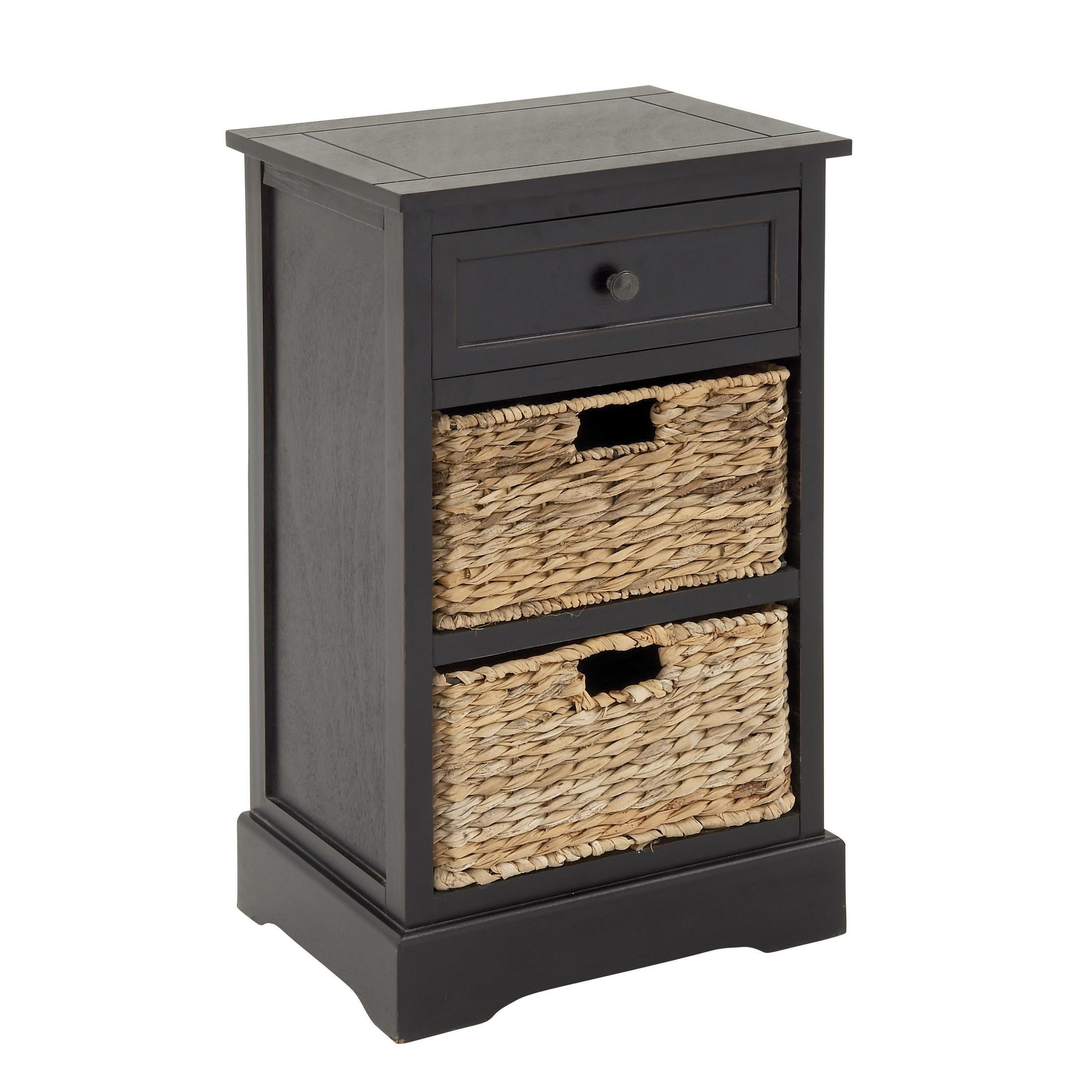 DecMode 16" x 28" Black Wood 1 Drawer Storage Unit with 2 Wicker Basket Drawers, 1-Piece - Image 7