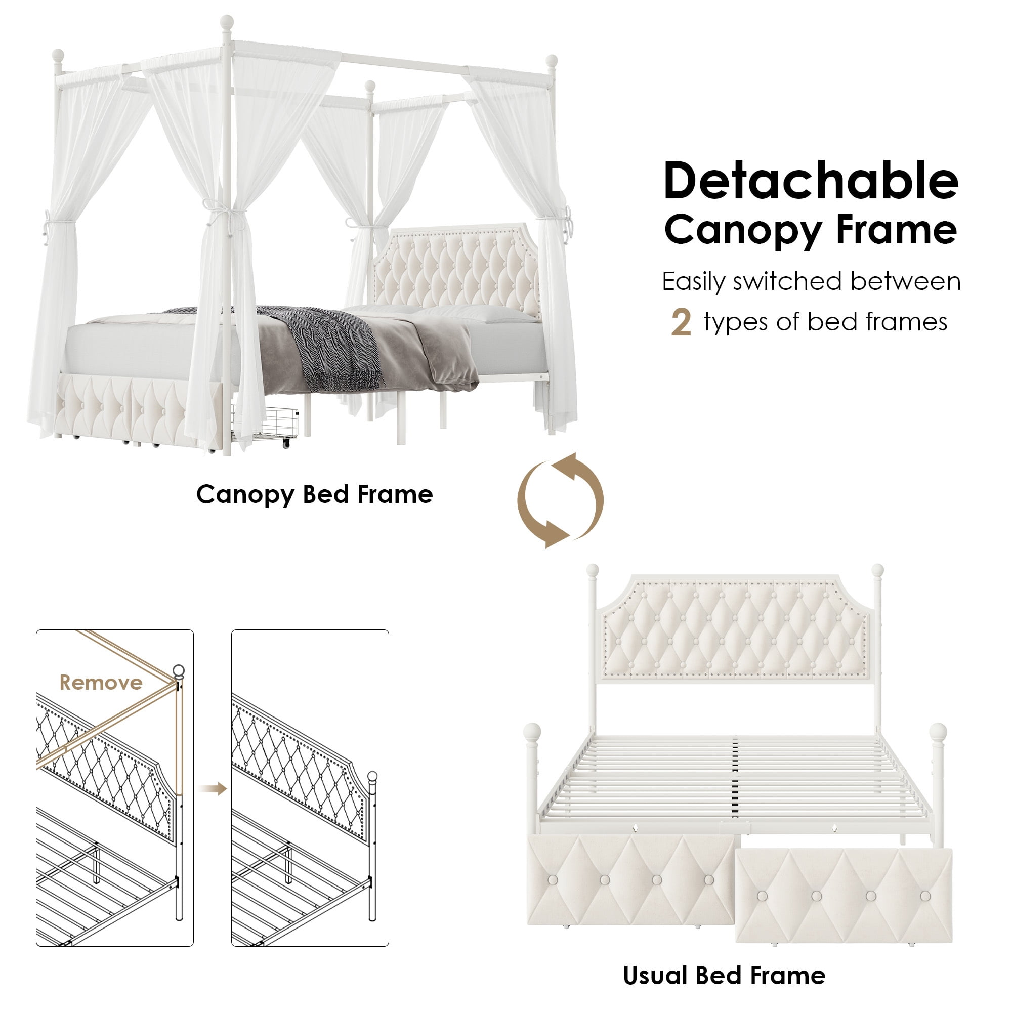 Homfa Queen Size Canopy Bed Frame, 2 Storage Drawers Metal Platform Bed with Button Tufted Upholstered Headboard, Canopy Bed Curtain Not Included, Beige - Image 4