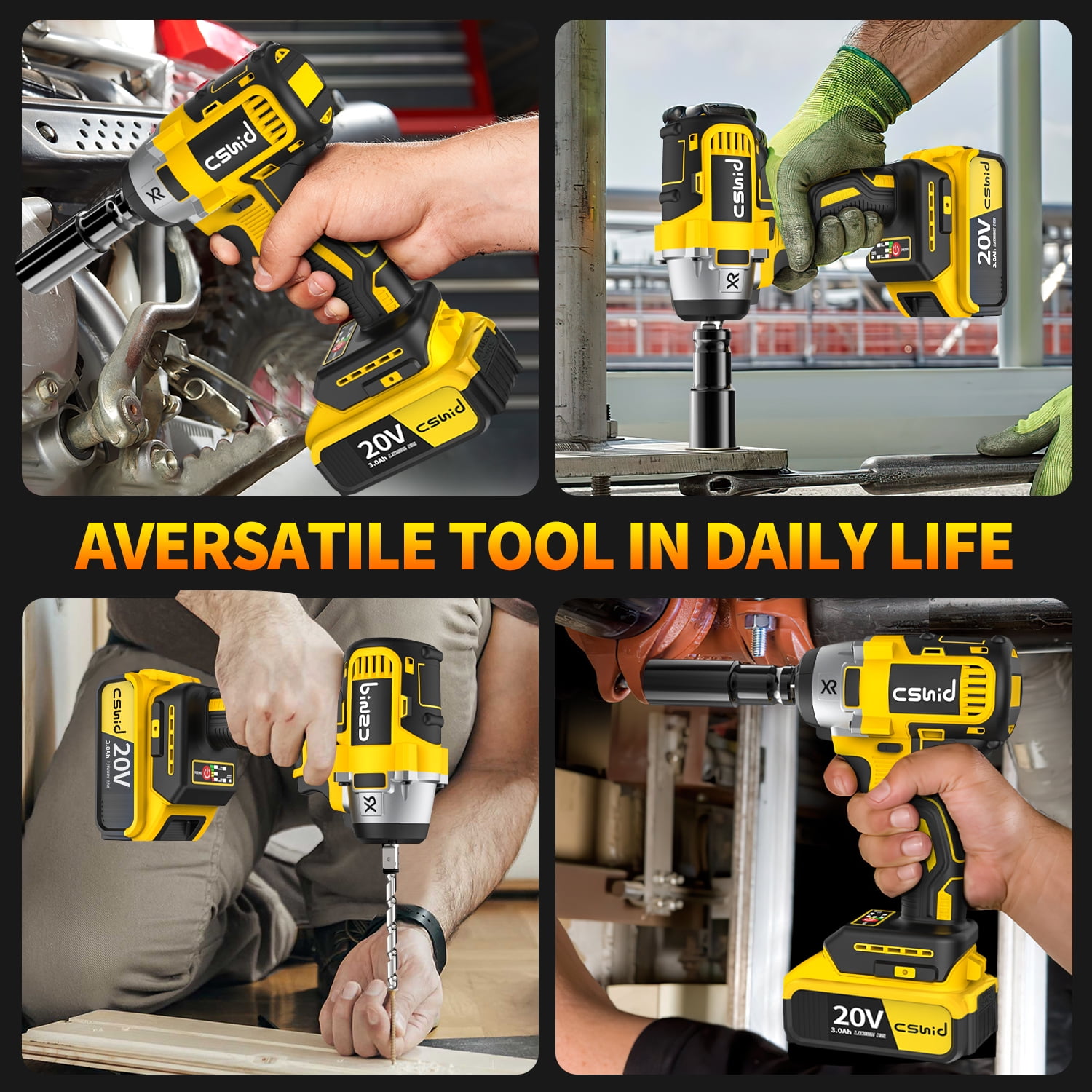 Cshidworld Cordless Impact Wrench 1/2", 20V Powerful Brushless Motor w/ 2-Mode Speed, Power Impact Wrench W/ 5 Sockets,8 Drill,6 Screws, Max Torque 280 ft-lbs (380N.m), Includes 2 x 3.0A Batteries - Image 7