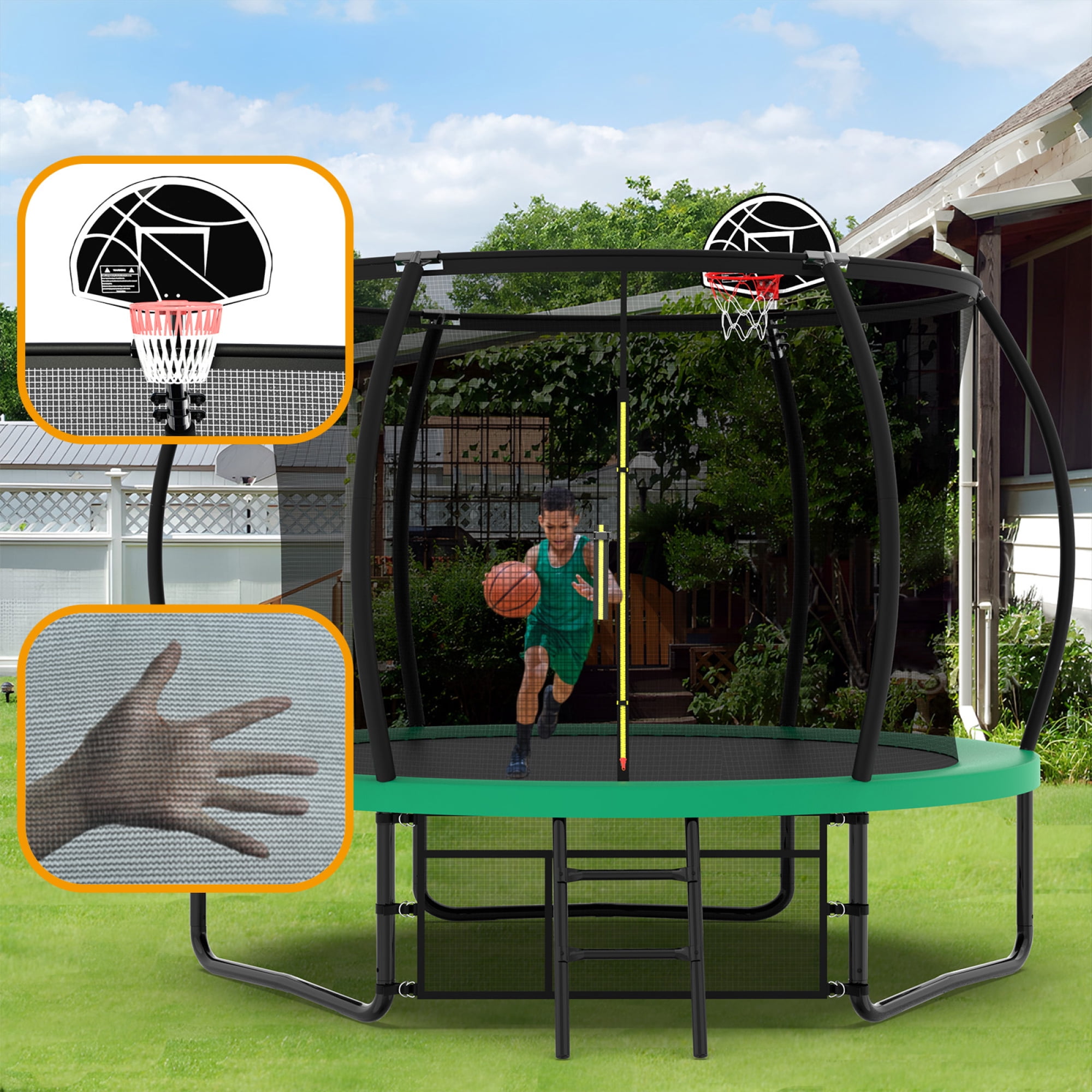 10FT Trampoline,Outdoor Recreational Trampolines with Safety Enclosure Net & Ladder,Pumpkin Trampoline for Kids,Green - Image 4