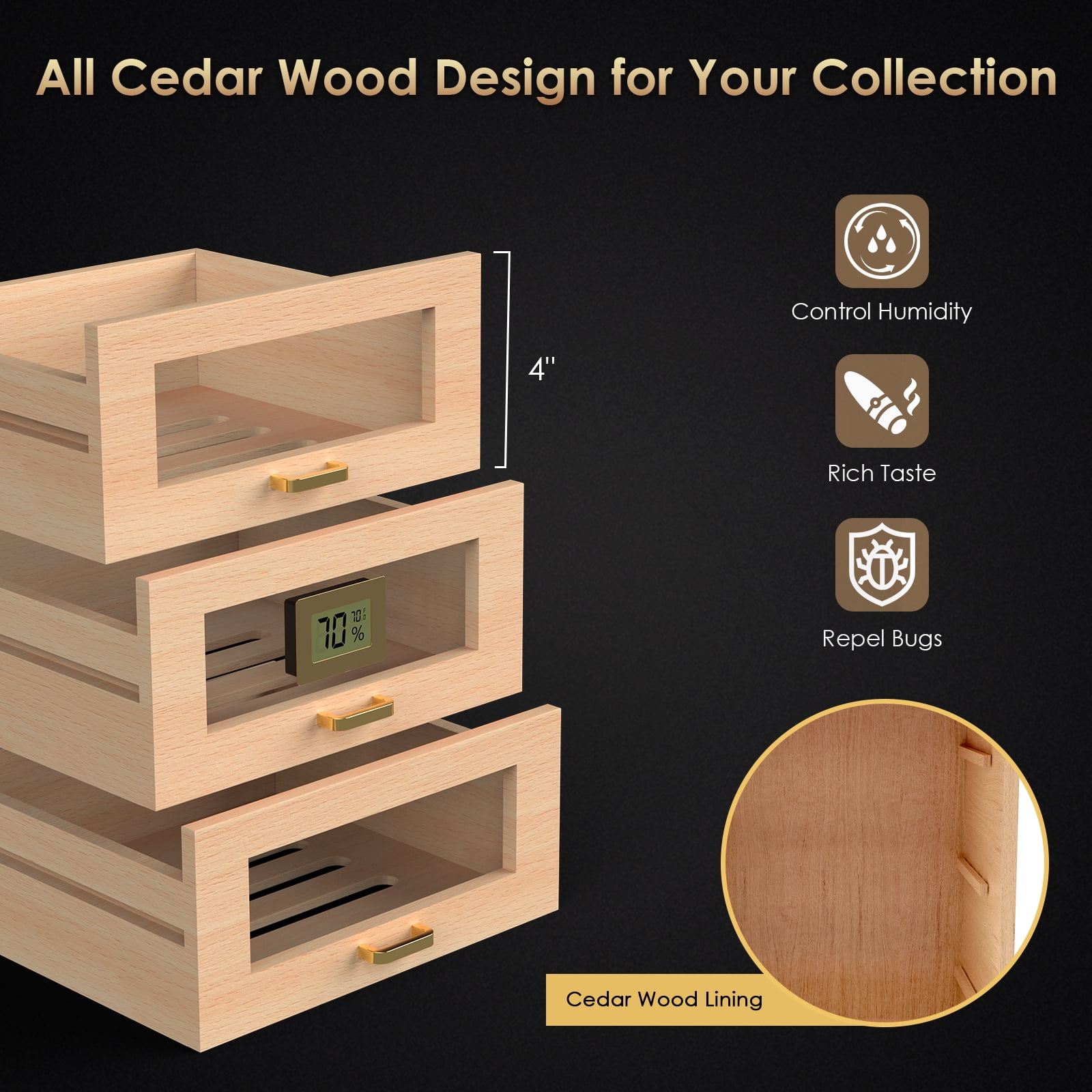 Rocita Cigar Humidor Cabinet for 100 to 150 Cigars with Spanish Cedar Lining, Tight-Seal Magnetic Door, 3 Large Capacity Drawers, Gift for Cigar Lovers - Image 2
