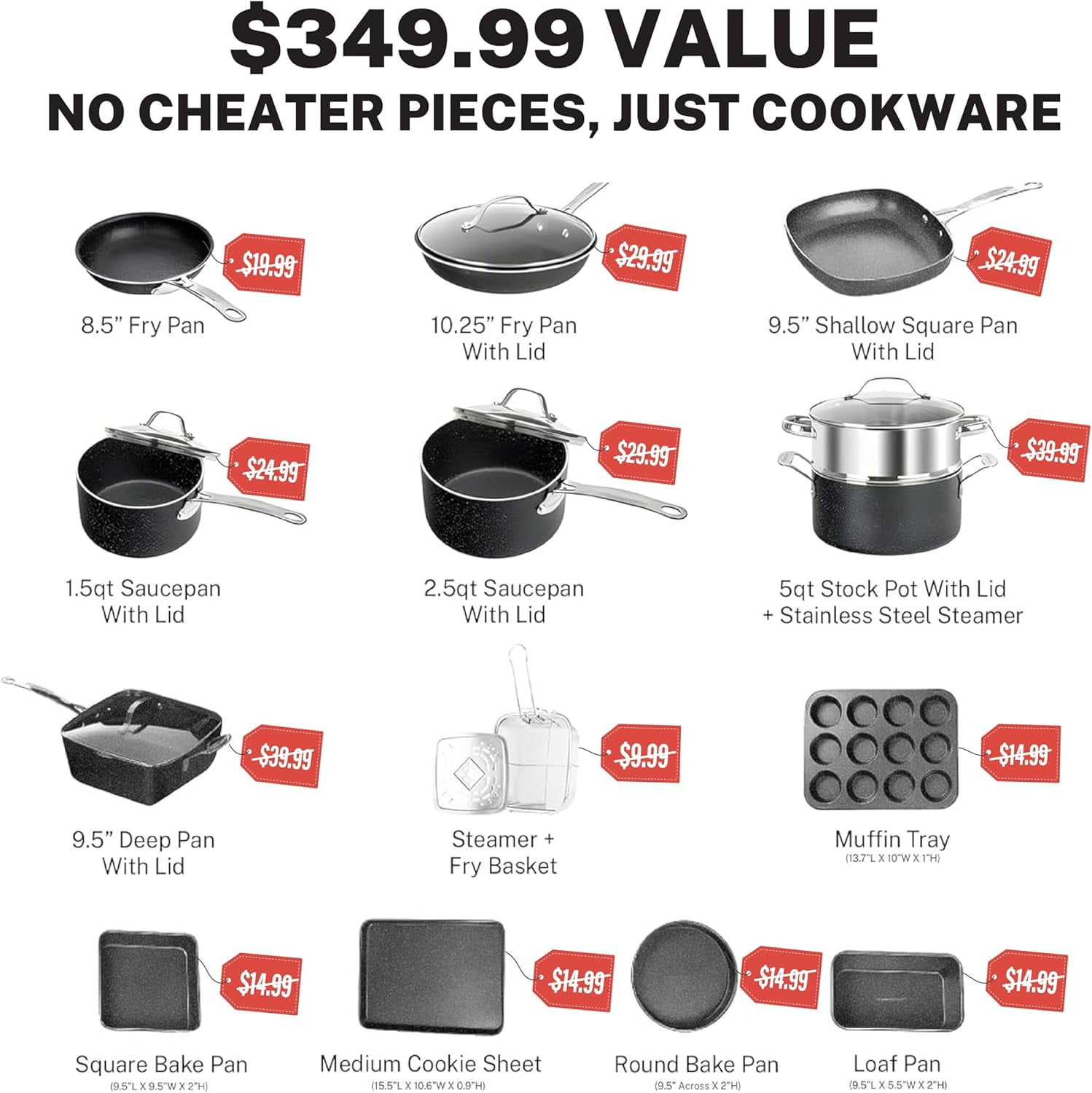 Granitestone True 20 Pc Pots and Pans Set Non Stick Cookware Set with Square Pan/Bakeware Set, Non Toxic Pot and Pan Set, Oven/Dishwasher Safe, Non stick Pots and Pan Set, No Cheater Pieces, Black - Image 2