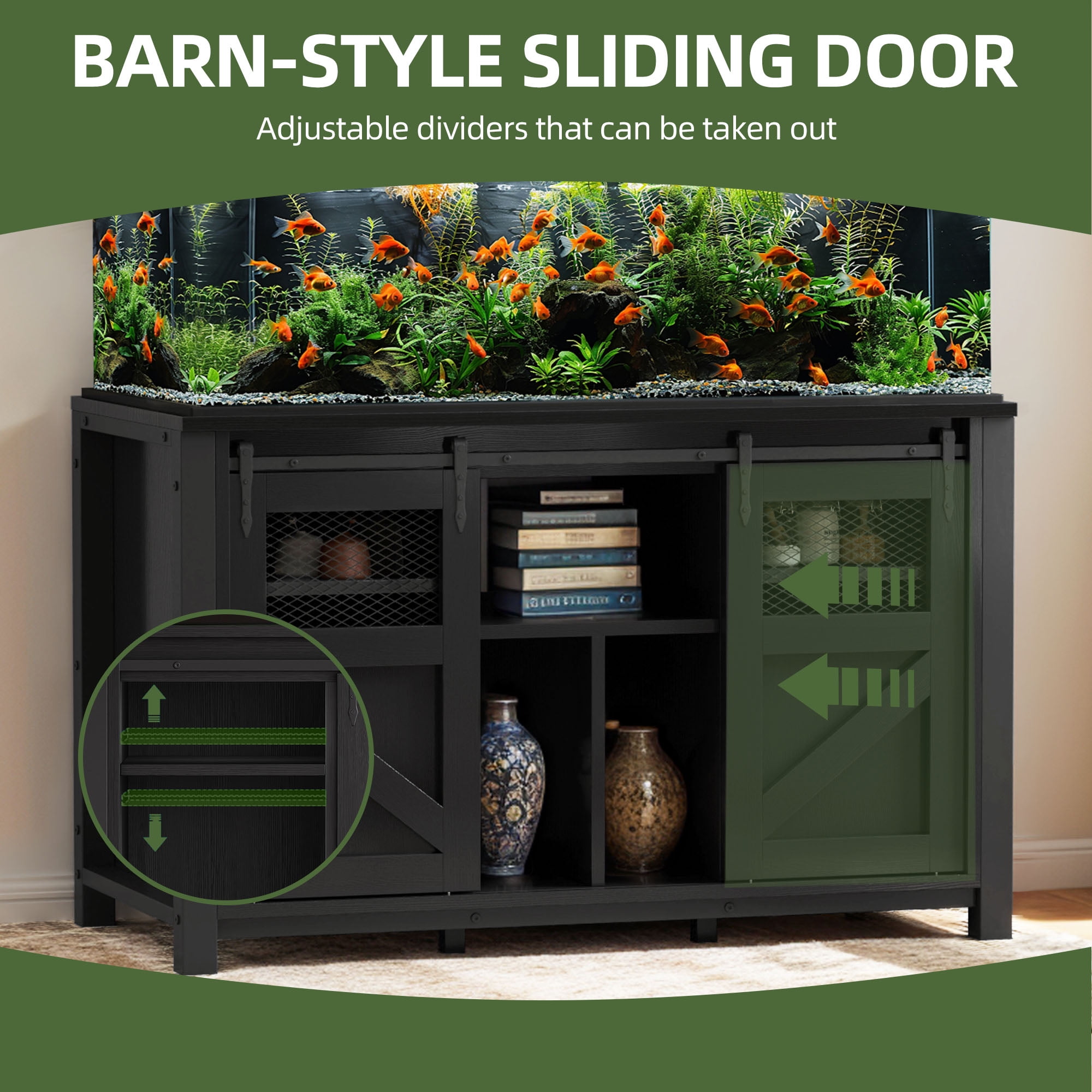 Uforic 120 gal Fish Tank Metal Stand with Storage, 1100 lbs Capacity, Power Outlets, Barn Door, Black - Image 6