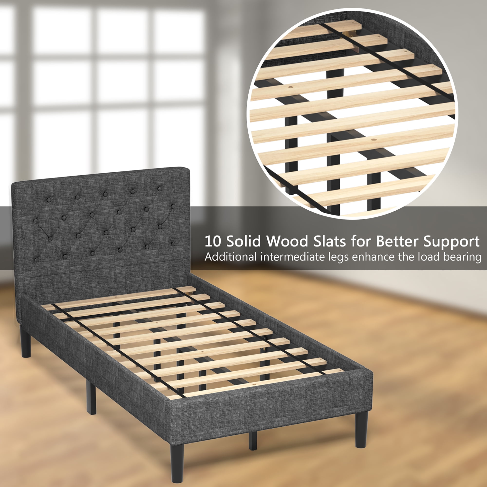 Costway Twin Upholstered Bed Frame Diamond Stitched Headboard Wood Slat Support - Image 2